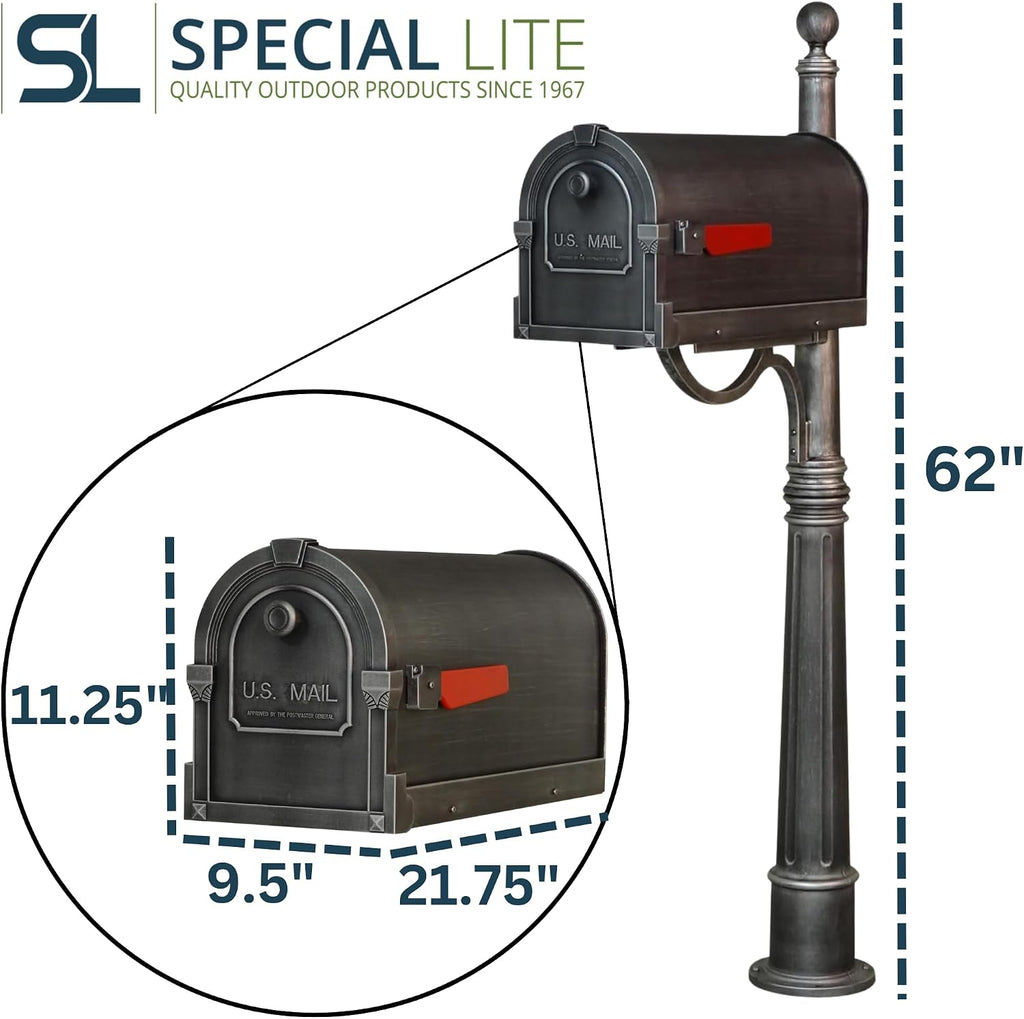 Special Lite Savannah Curbside Mailbox with Ashland Post - Swedish Silver Mailbox with Aluminum Post - SCS-1014_SPK-600-SW