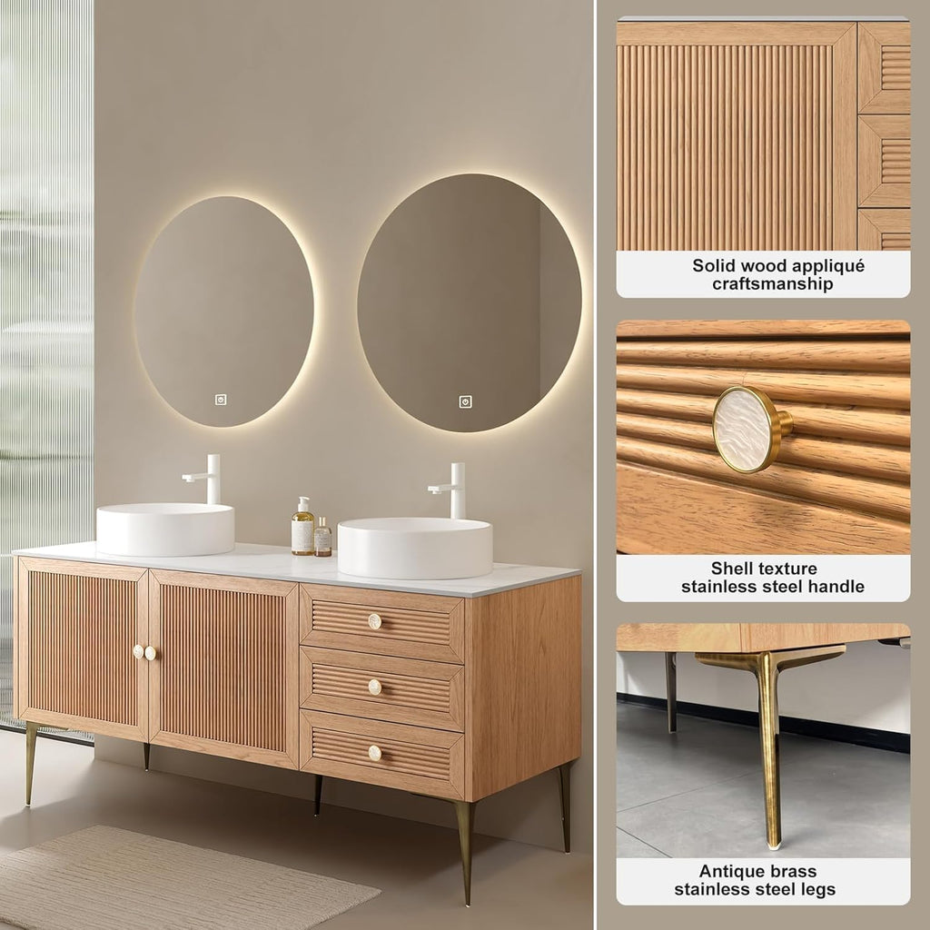 36' Bathroom Vanity with Sink, Plywood Storage Cabinet with 2 Drawers and Soft Close Door, 4 Metal Legs, Round White Ceramic Basin, Wooden Modern Bathroom Vanities, Pre-Assembled, Oak