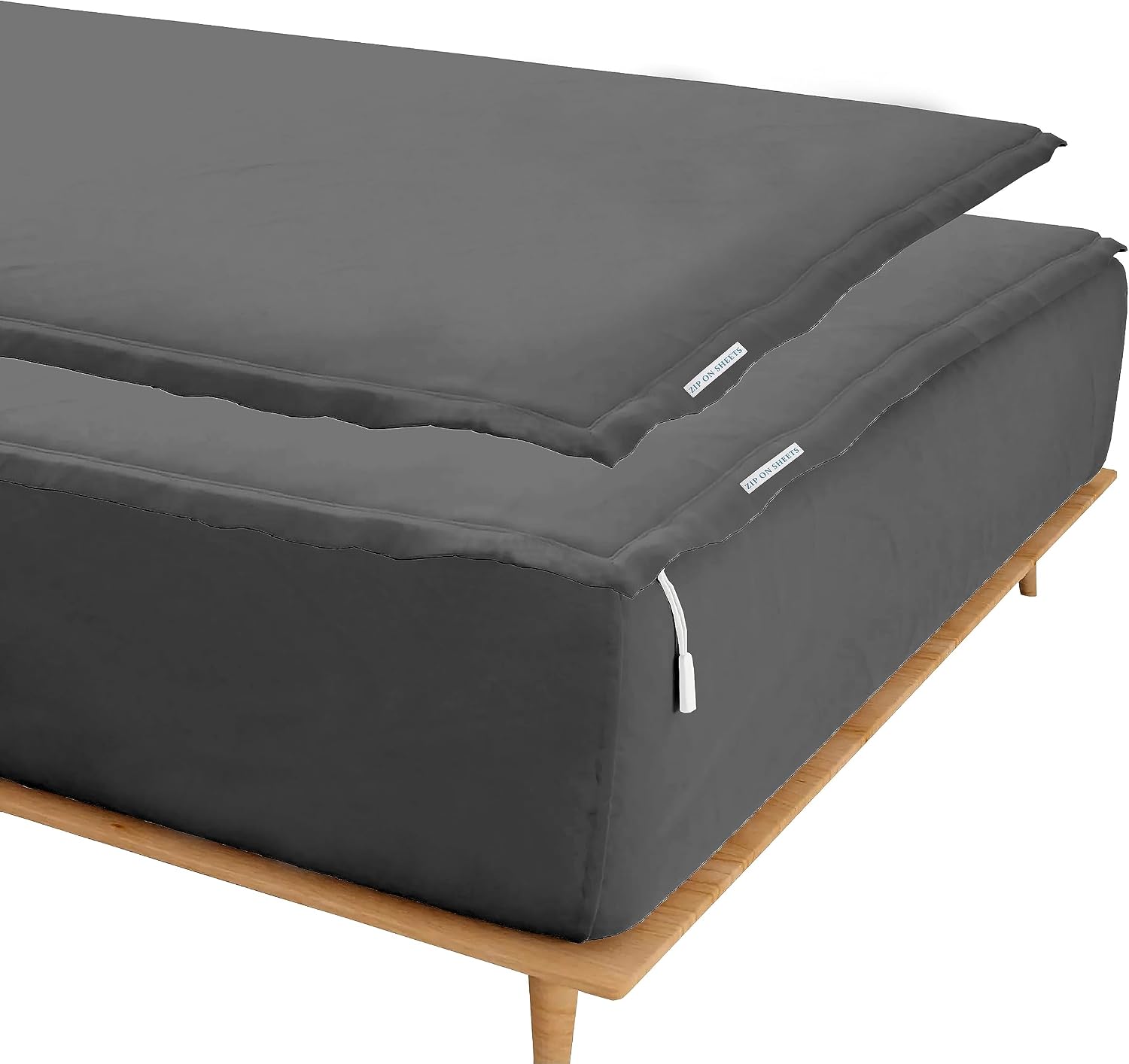 Zip On Sheets™ Zipper Fitted Sheet Queen Size - Upto 16' Inch Deep Pockets - Includes 1 Fitted Sheet Base & 2 Zip-On Sheets - Easy to Use, Sateen Cotton 500 TC Fitted Sheet - Dark Grey