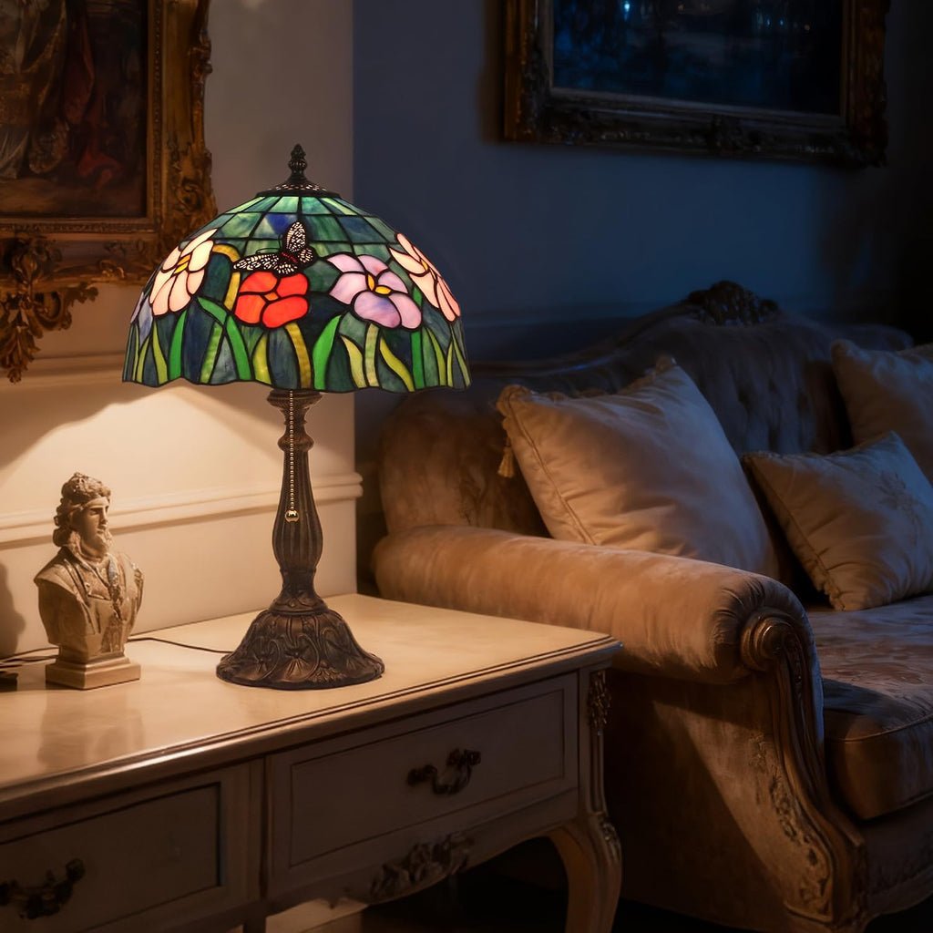 Tiffany Style Table Lamp,Butterfly Flower Table Lamp,12X12X19 Inch Tiffany Reading Light, Stained Glass Desk Decor Lamp.