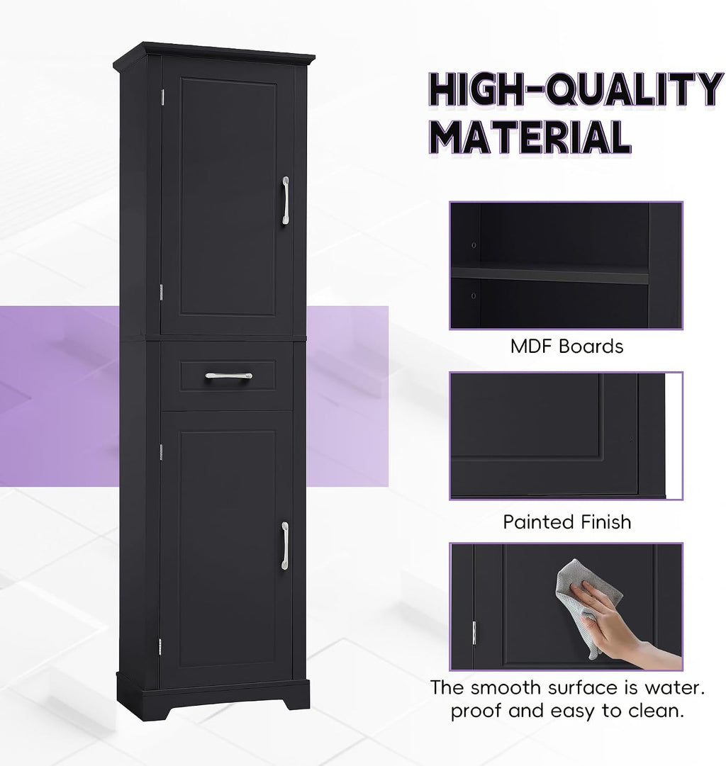Tall Bathroom Storage Cabinet, Freestanding Bathroom Accent Storage Cabinet with Built-in Door Shelf & Adjustable Shelves, MDF Board with Painted Finish for Home Kitchen, Living room (Black Style4)