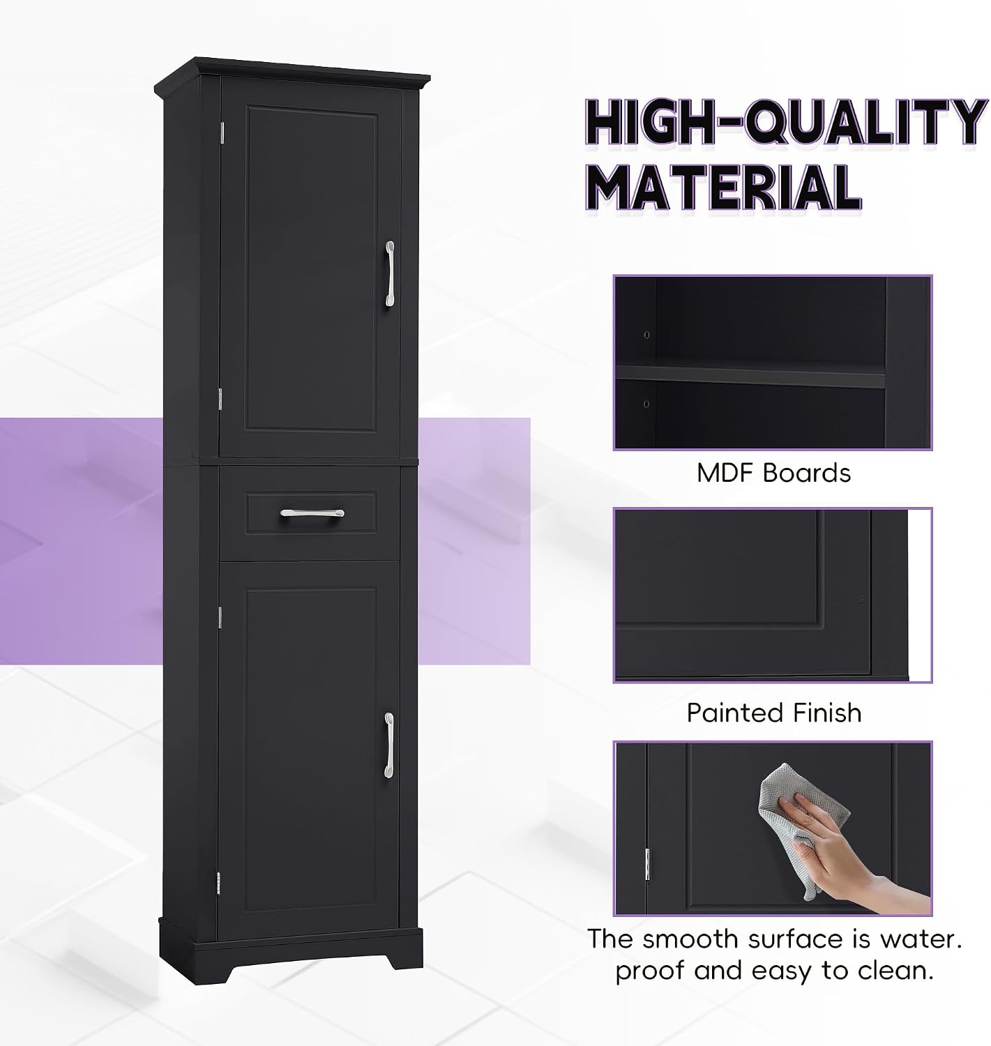 Tall Bathroom Storage Cabinet, Freestanding Bathroom Accent Storage Cabinet with Built-in Door Shelf & Adjustable Shelves, MDF Board with Painted Finish for Home Kitchen, Living room (Black Style4)