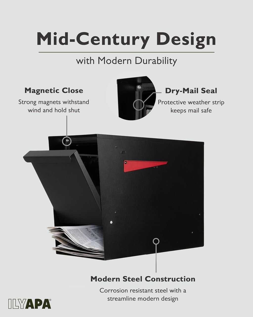 Ilyapa Black Modern Mailbox Post Mount Mailboxes For Outside with Newspaper Holder- Powder Coated Steel Metal Mail Box, Outdoor All Weather & Corrosion Resistant Stainless Steel Hinges & Magnetic Door