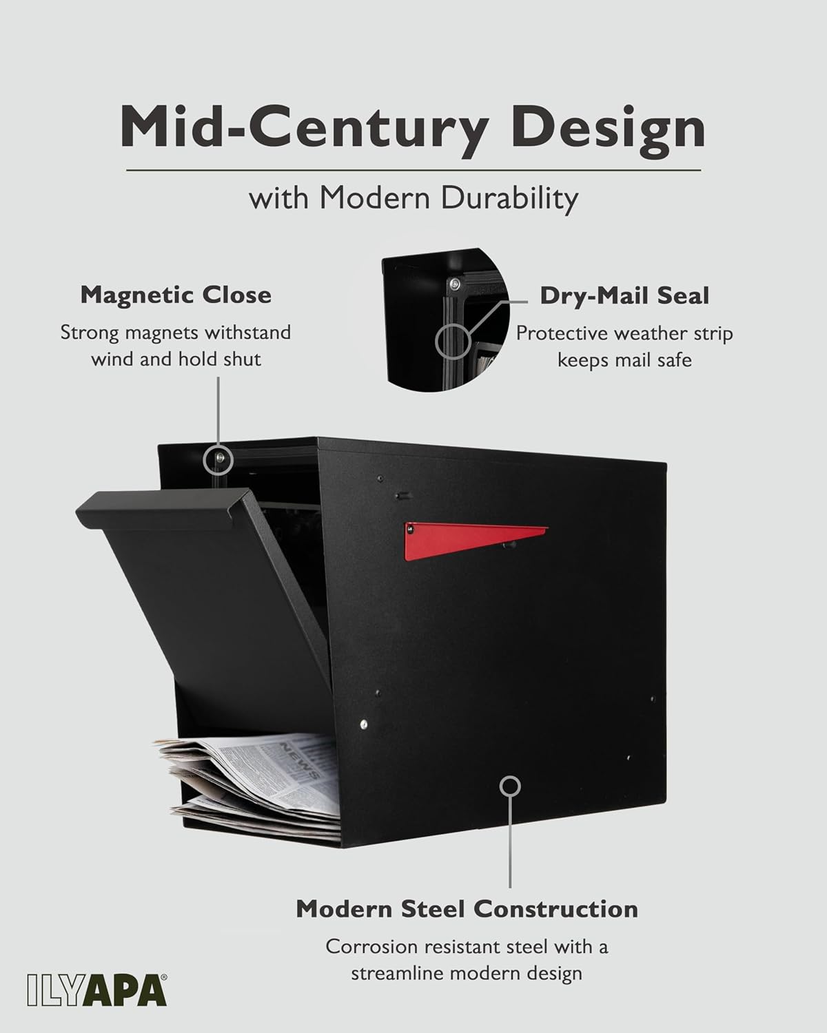 Ilyapa Black Modern Mailbox Post Mount Mailboxes For Outside with Newspaper Holder- Powder Coated Steel Metal Mail Box, Outdoor All Weather & Corrosion Resistant Stainless Steel Hinges & Magnetic Door