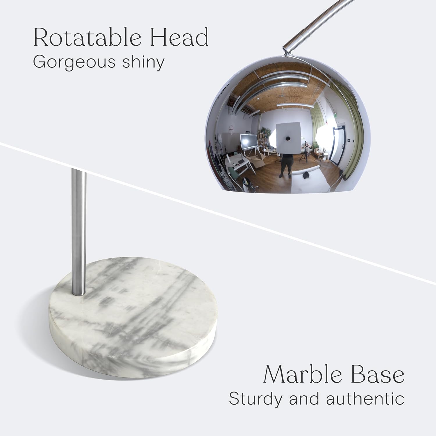 Brightech Olivia Floor Lamp - Chic Arc Lamp with Rounded Spolight Head and Marble Base for Living Room, Tall Standing Lamp with LED Light Bulb for Bedroom Reading, Boho Home Decor for Office - Chrome