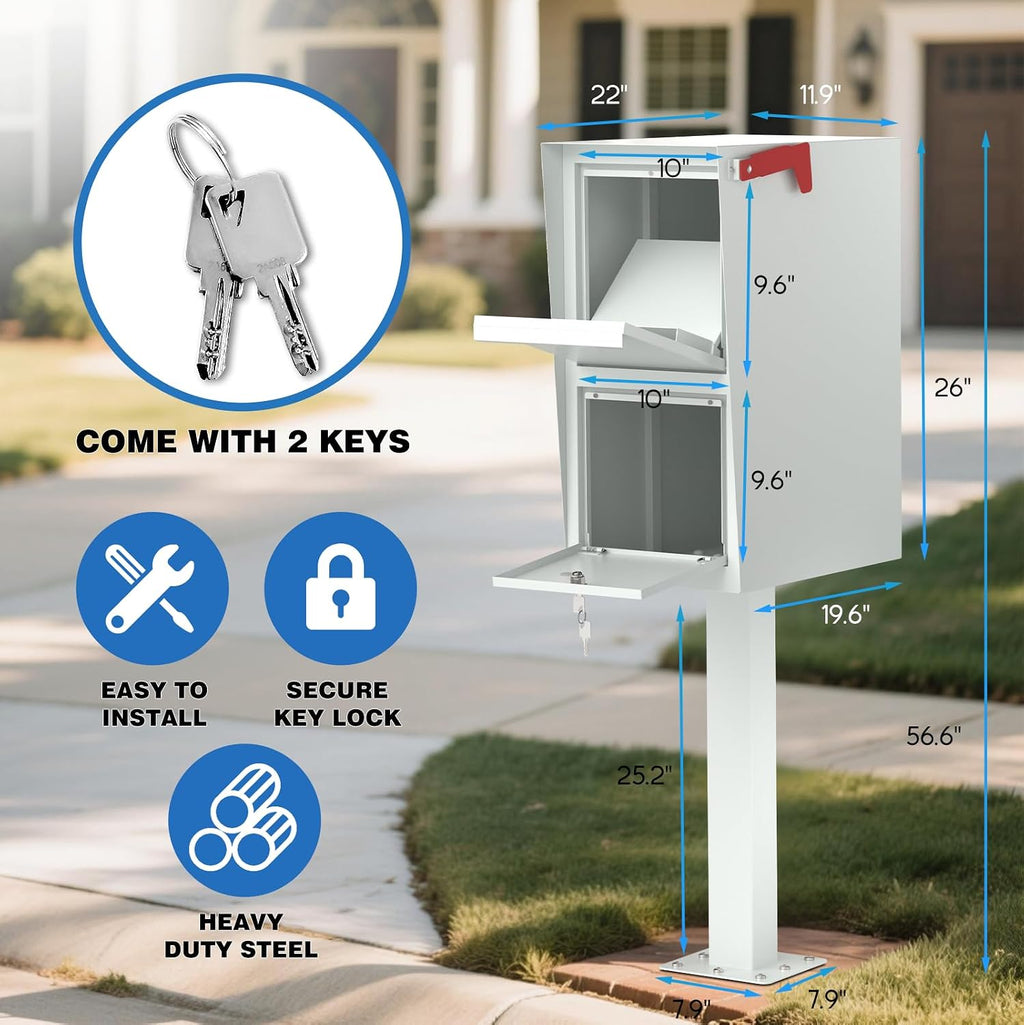 POCHAR Curbside Large Mailbox for Outside with Post - Locking Mailbox Post Mount with Base Plate - Weekend-Away Design Large Street Mail Box (White)
