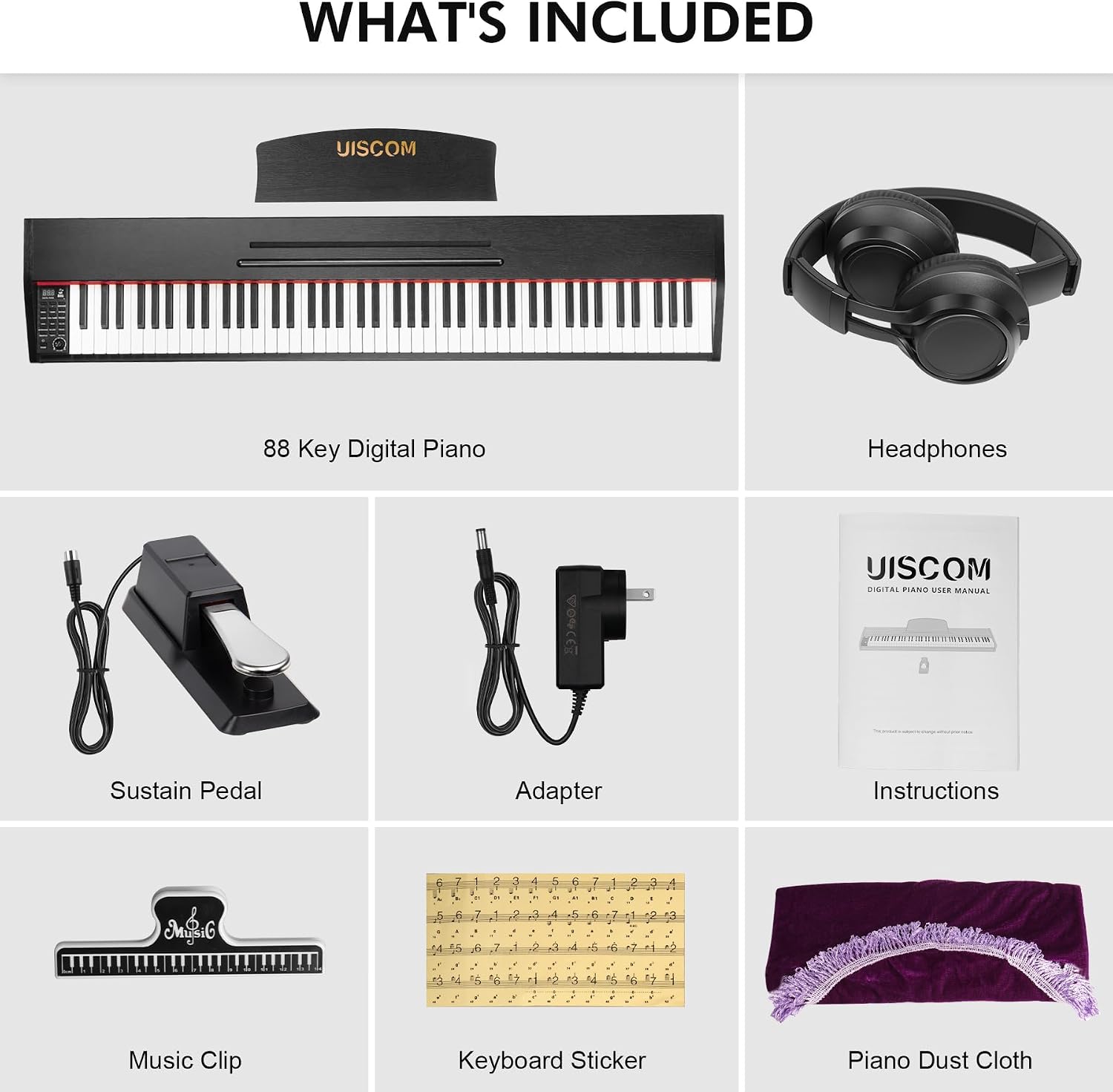 UISCOM Digital Piano Keyboard for Beginners,Full Size 88 Key Semi-Weighted Keyboard Electric Piano with Stand,Power Adapter,Sheet Music Stand,Pedal,Headphone,USB-MIDI Compatibility,Wood Black