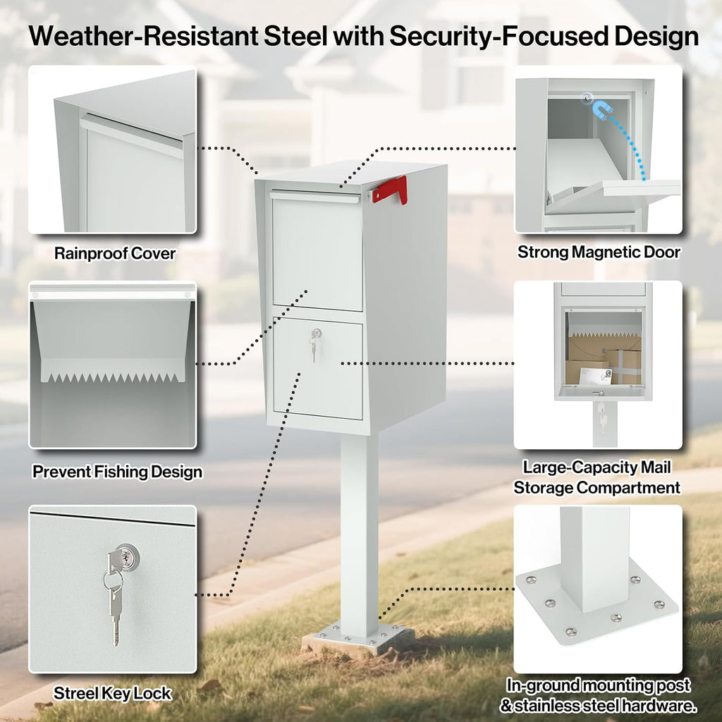 POCHAR Large Locking Mailbox for Outside - Secure Curbside Mailbox Post Mount with Base Plate - Weekend-Away Design Outdoor Commercial Mail Box for Business, Package Drop Box, White