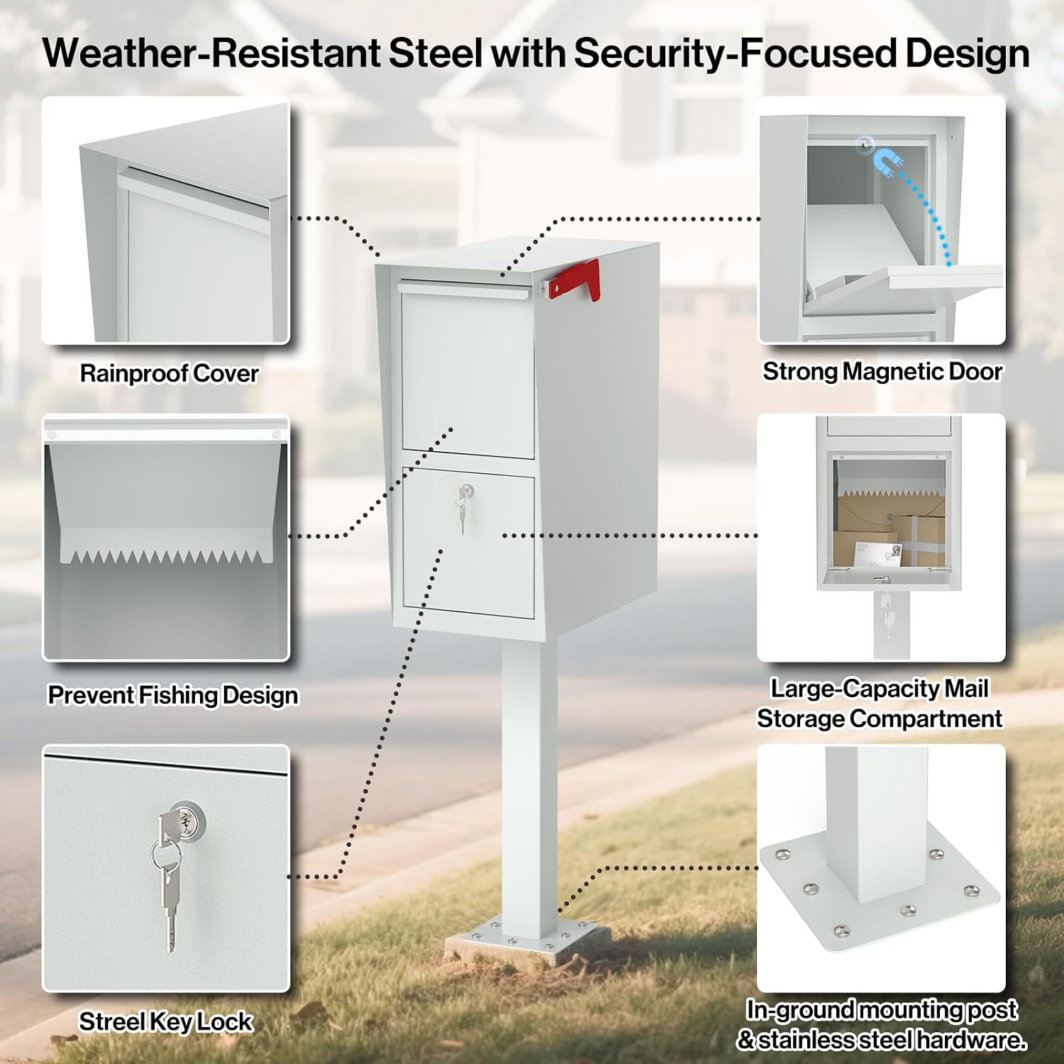 POCHAR Large Locking Mailbox for Outside - Secure Curbside Mailbox Post Mount with Base Plate - Weekend-Away Design Outdoor Commercial Mail Box for Business, Package Drop Box, White