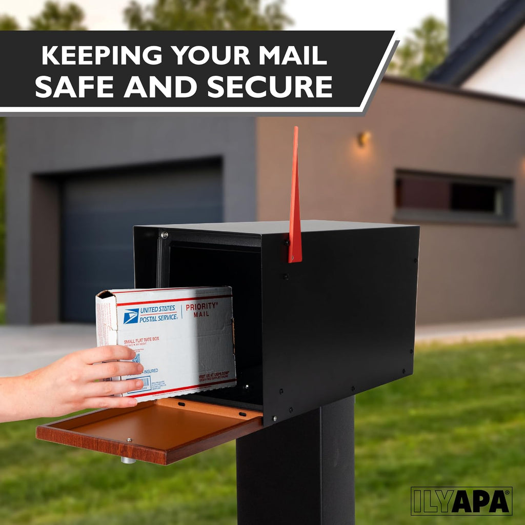Ilyapa Post Mount Modern Mailbox - Black Exterior Powder Coated & Hydro Print Cherry Wood Grain Printed Door, Letterbox with Recessed Magnetic Close Door
