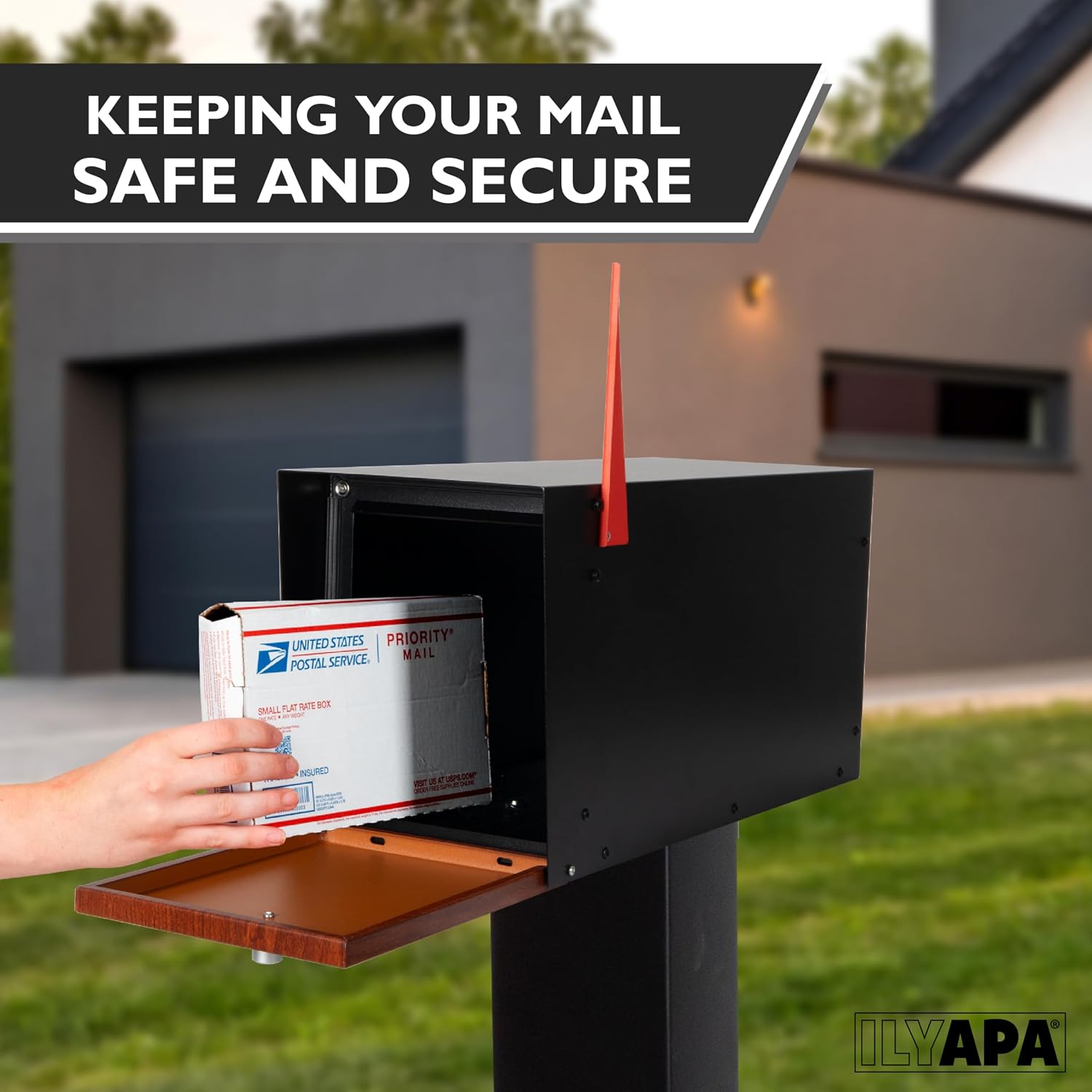 Ilyapa Post Mount Modern Mailbox - Black Exterior Powder Coated & Hydro Print Cherry Wood Grain Printed Door, Letterbox with Recessed Magnetic Close Door