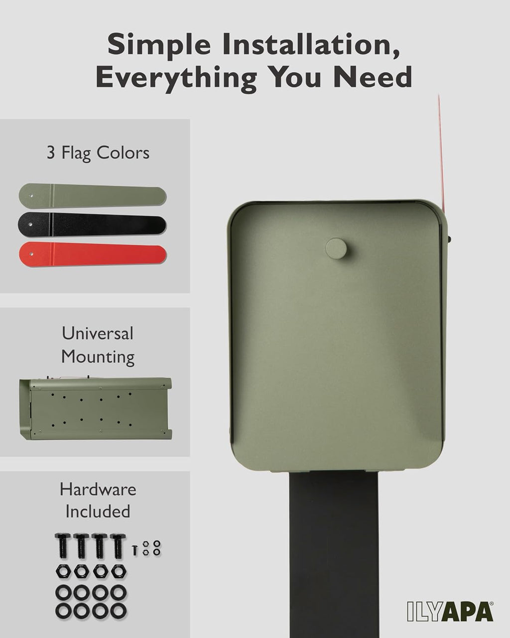 Ilyapa Mid Century Modern Mailbox Post Mount Mailboxes for Outside -Powdercoated Green Outdoor Metal Mail Box, with Stainless Steel Hinges & Magnetic Door