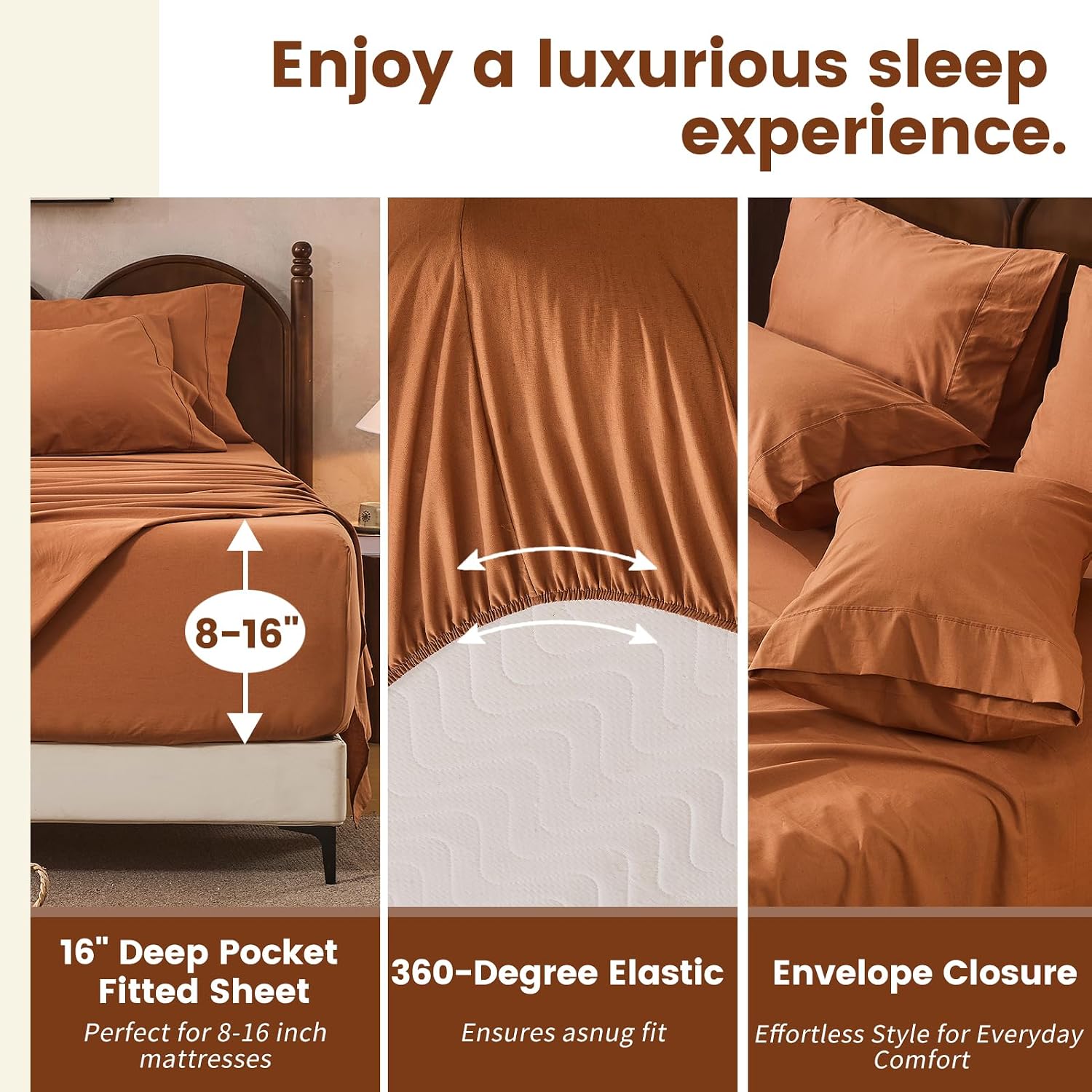 100% Linen Sheets Queen Size,Breathable & Durable 4-Piece Bed Flax Sheet Set,Soft All-Season Bedding for Hot Sleepers 16' Deep Pocket Oeko-TEX Certified,（Queen, Brown）
