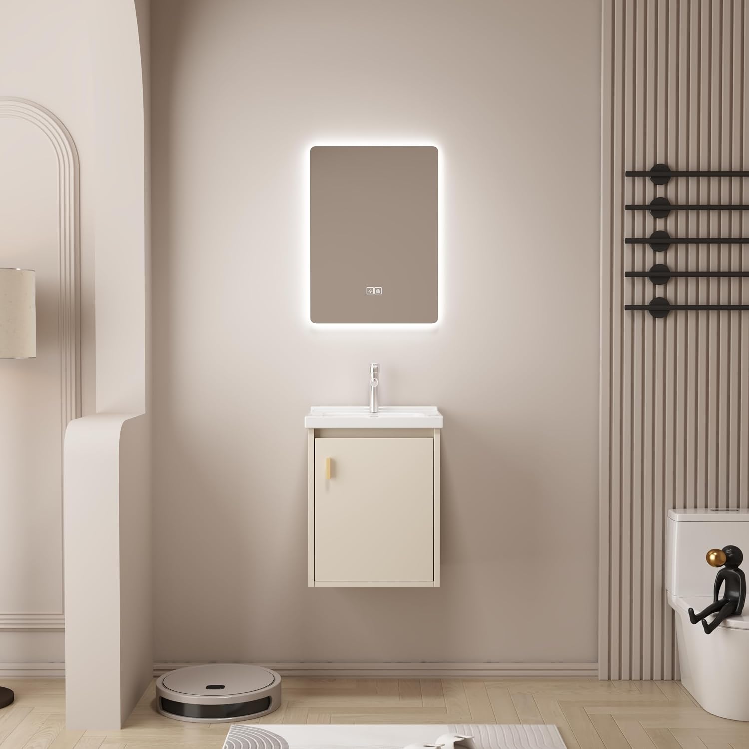 16' Bathroom Vanity Wall Mounted, Small Floating Vanity with Sink Combo, Modern Bathroom Vanity with Soft-Close Drawers, Chrome Faucet, Pop up Drain, P-Trap (Khaki)