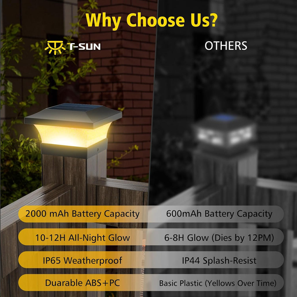 T-SUN 4X4 Solar Post Cap Lights, Warm White LED Fence Post Solar Lights, Outdoor Waterproof Post Lights for Wood & Vinyl Fence Posts, Deck, Patio Railing, Porch, Black-12 Pack