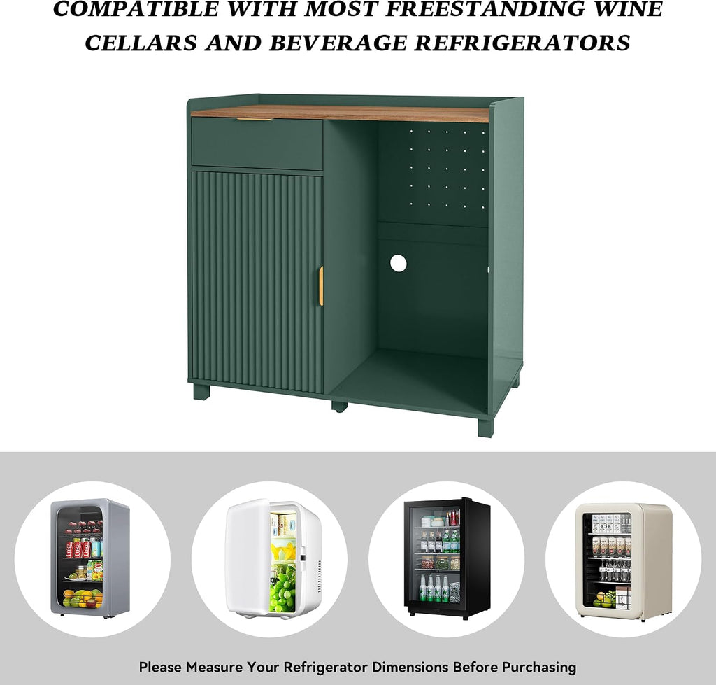 Bar Cabinet with Fridge Space&Fluted Door, Mini Fridge Cabinet with Wine Storage, Modern Sideboard Buffet Cabinet Coffee Station for Dining Room, Living Room, Kitchen, Green