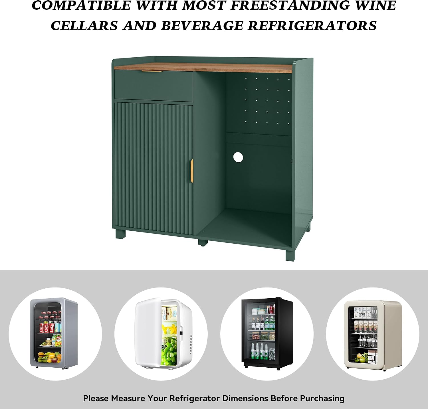 Bar Cabinet with Fridge Space&Fluted Door, Mini Fridge Cabinet with Wine Storage, Modern Sideboard Buffet Cabinet Coffee Station for Dining Room, Living Room, Kitchen, Green