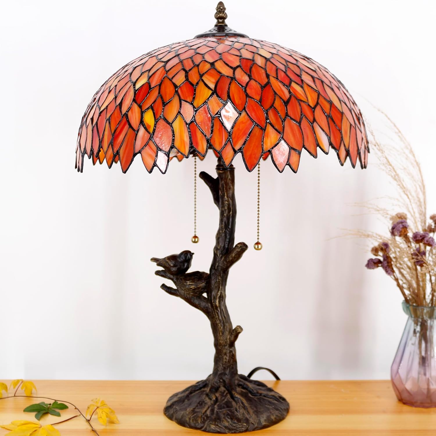 Large Tiffany Lamp Shade Replacement Only 16Inch Stained Glass Lampshade Fit For Table Lamps FLoor Lamp Ceiling Fixture Pendant Hanging Light Home Office Decoration (Wisteria Red Orange)