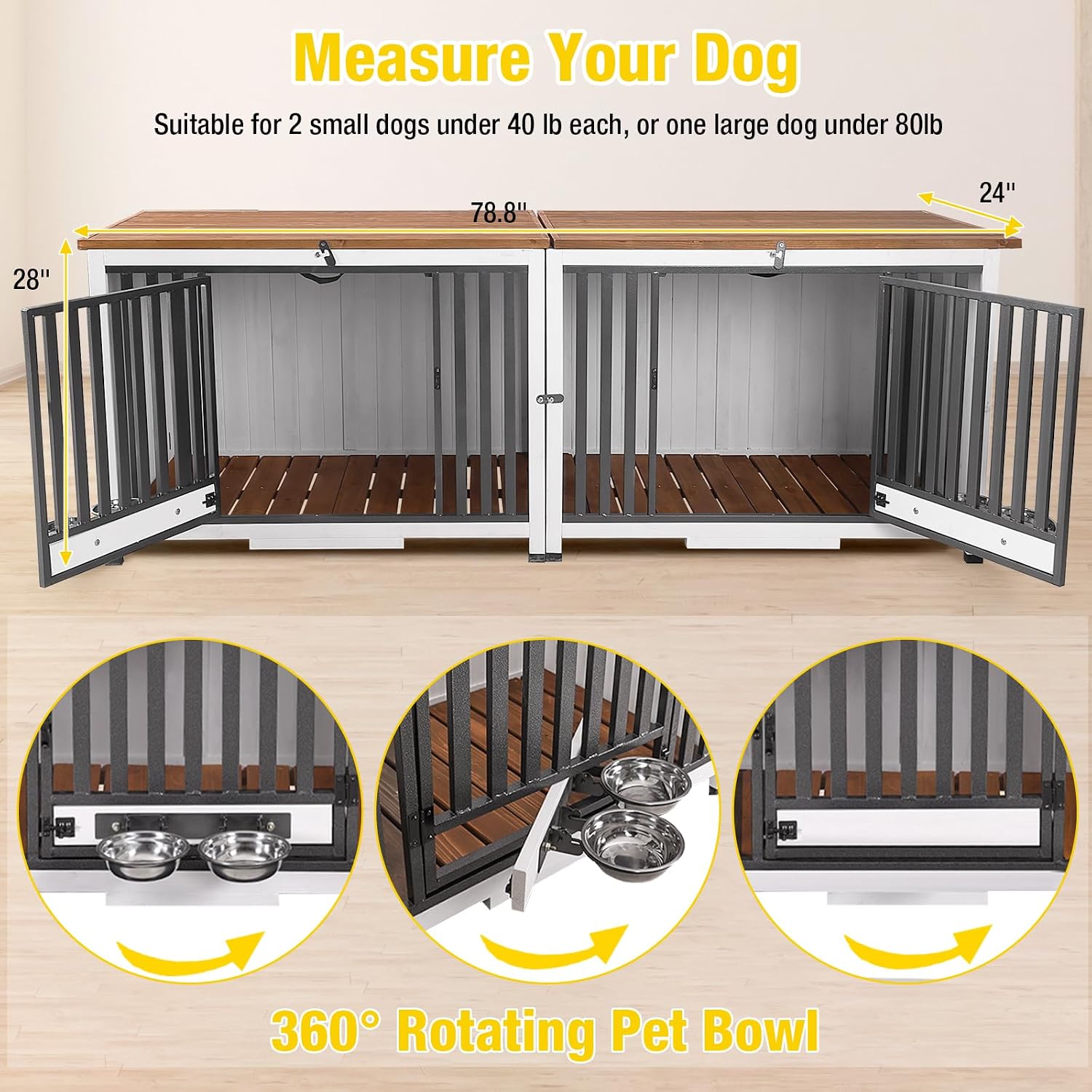 Aivituvin Dog Crate Furniture Foldable Side End Table Expandable Solid Wood Dog Kennel with 360° Rotatable Dog Bowls Indoor Cage, No Assembly Needed (Double Crate)