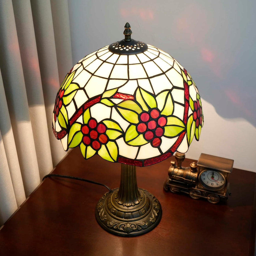 Tiffany Style Table Lamp with Green Leaf Red Grapes Stained Glass Lamp 12 Inch for Bedroom Bedside Lamp Kitchen Living Rooms end Bar Hotel Reading Vintage Art Lampshade Decor LED Desk Light