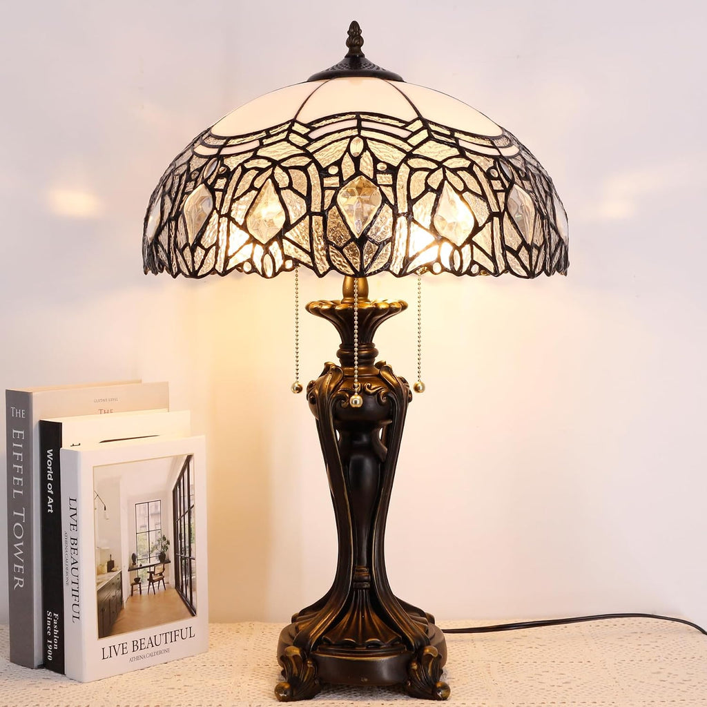 Large Tiffany Lampshade Replacement Only Colored Glass Lampshade 16 Inches Suitable for Desk Lamps, Floor Lamps, Pendant Lamps, Home and Office Decoration (White Baking Bend)