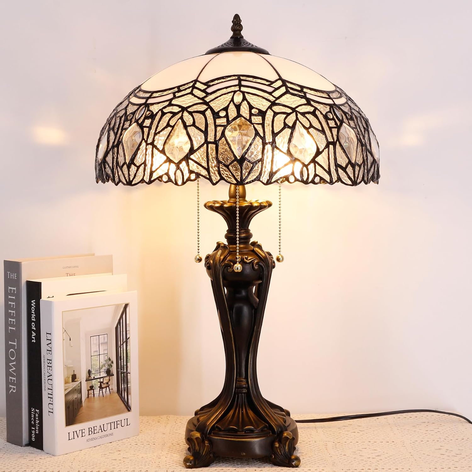 Large Tiffany Lampshade Replacement Only Colored Glass Lampshade 16 Inches Suitable for Desk Lamps, Floor Lamps, Pendant Lamps, Home and Office Decoration (White Baking Bend)