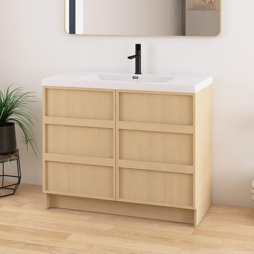 42 Inch Bathroom Vanity with Sink, 42' Freestanding Storage Cabinet Combo, 2 Soft Close Doors and Resin Basin, Modern Brown Floor Standing Vanity Set, Plywood Construction