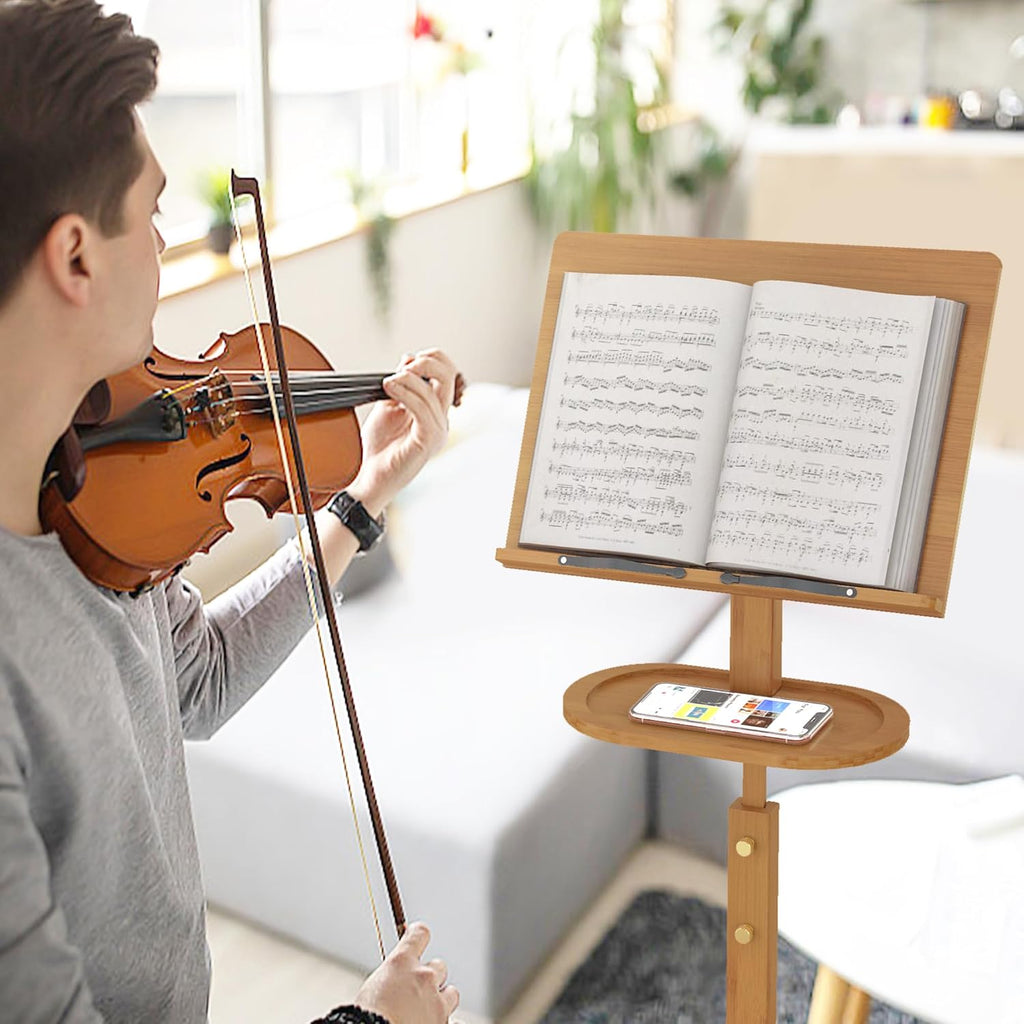 Music Stand for Sheet Music - Bamboo Folding Sheet Music Stands With Tray Guitar Clip, Wooden Sheet Music Organizer Height Adjustable 39.37''-51.2'' for Conductor Lectern Violin Piano Ukulele Players (Natural, Tray + Guitar Clip)