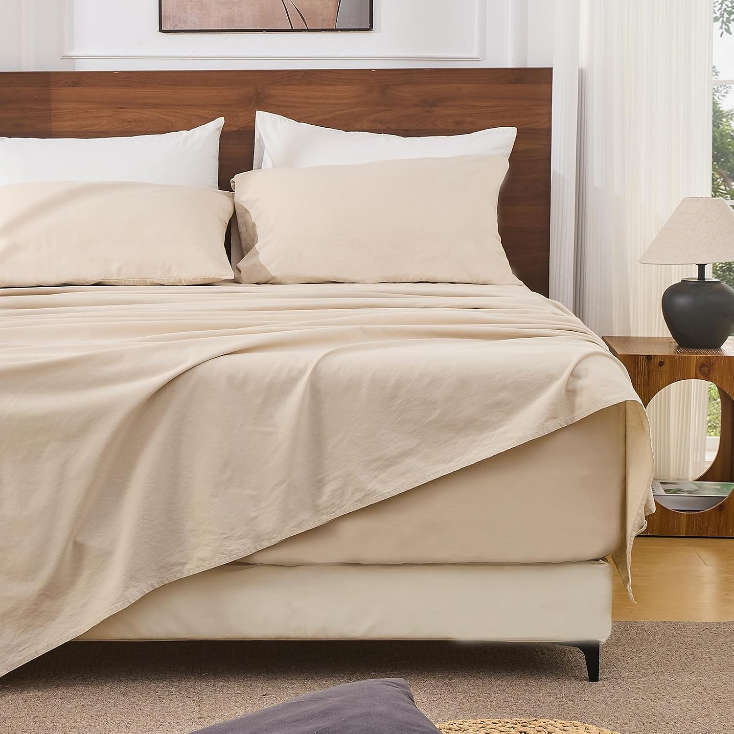 Bedlifes 100% French Linen Sheets Queen Size 18-24'Extra Deep Pocket 4-Piece Set Breathable & Moisture-Wicking,Soft & Durable Sheets for Thick Mattresses(Linen)