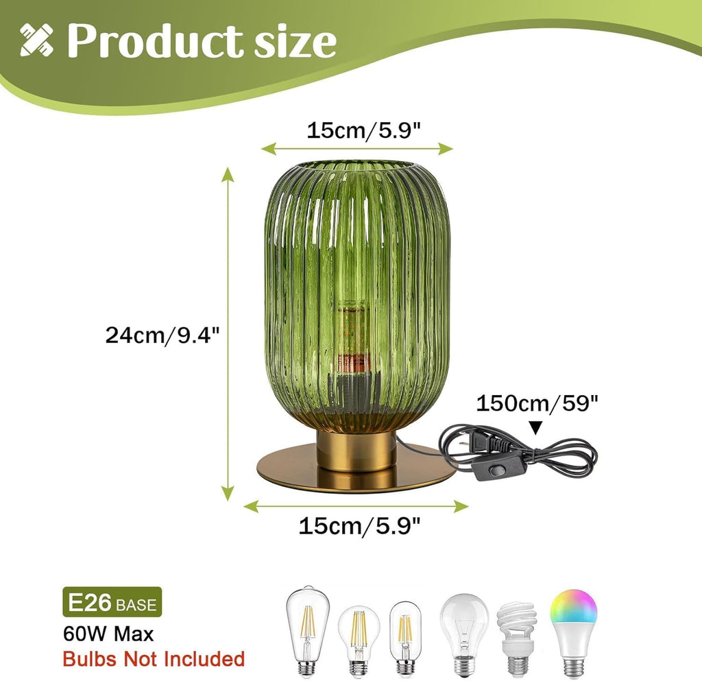 Bedside Table Lamps Set of 2, Small Glass Table Lamp Green Bedside Lamp with Brass Metal Base, Mid Century Table Lamp Gold Nightstand Lamp End Table Lamps for Bedroom Living Room Office
