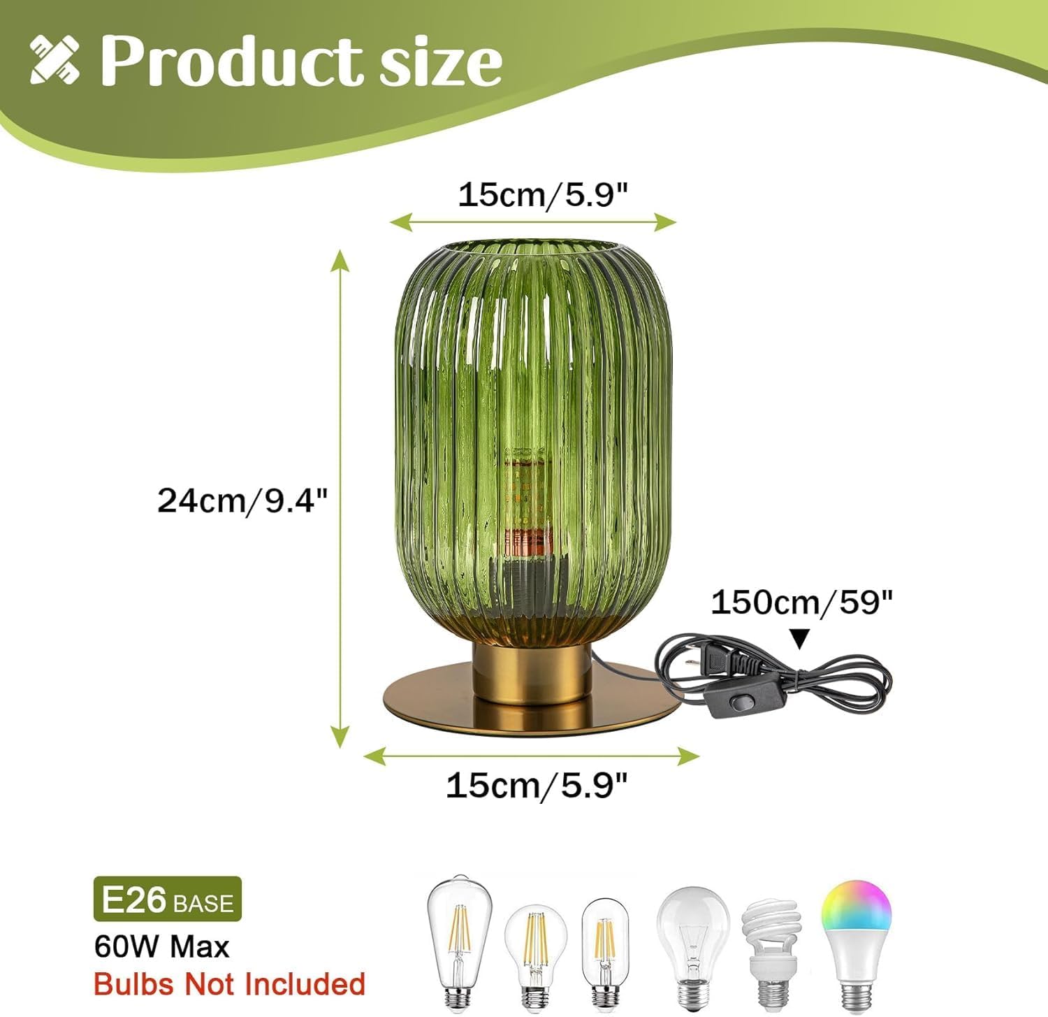 Bedside Table Lamps Set of 2, Small Glass Table Lamp Green Bedside Lamp with Brass Metal Base, Mid Century Table Lamp Gold Nightstand Lamp End Table Lamps for Bedroom Living Room Office