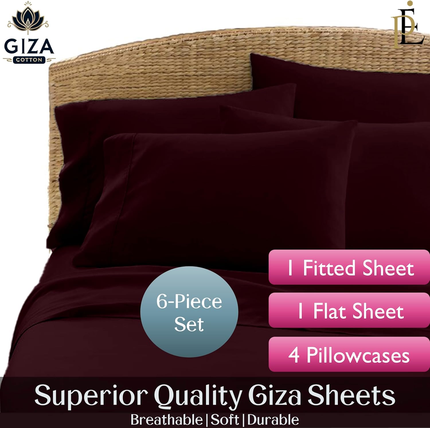 100% Giza Cotton, 1000 Thread Count, 6-PC Bed Sheet Set [Olympic Queen Size, Wine Color] 18 inches Deep Pockets, Long Staple Cotton Breathable Soft Silky Sateen Weave