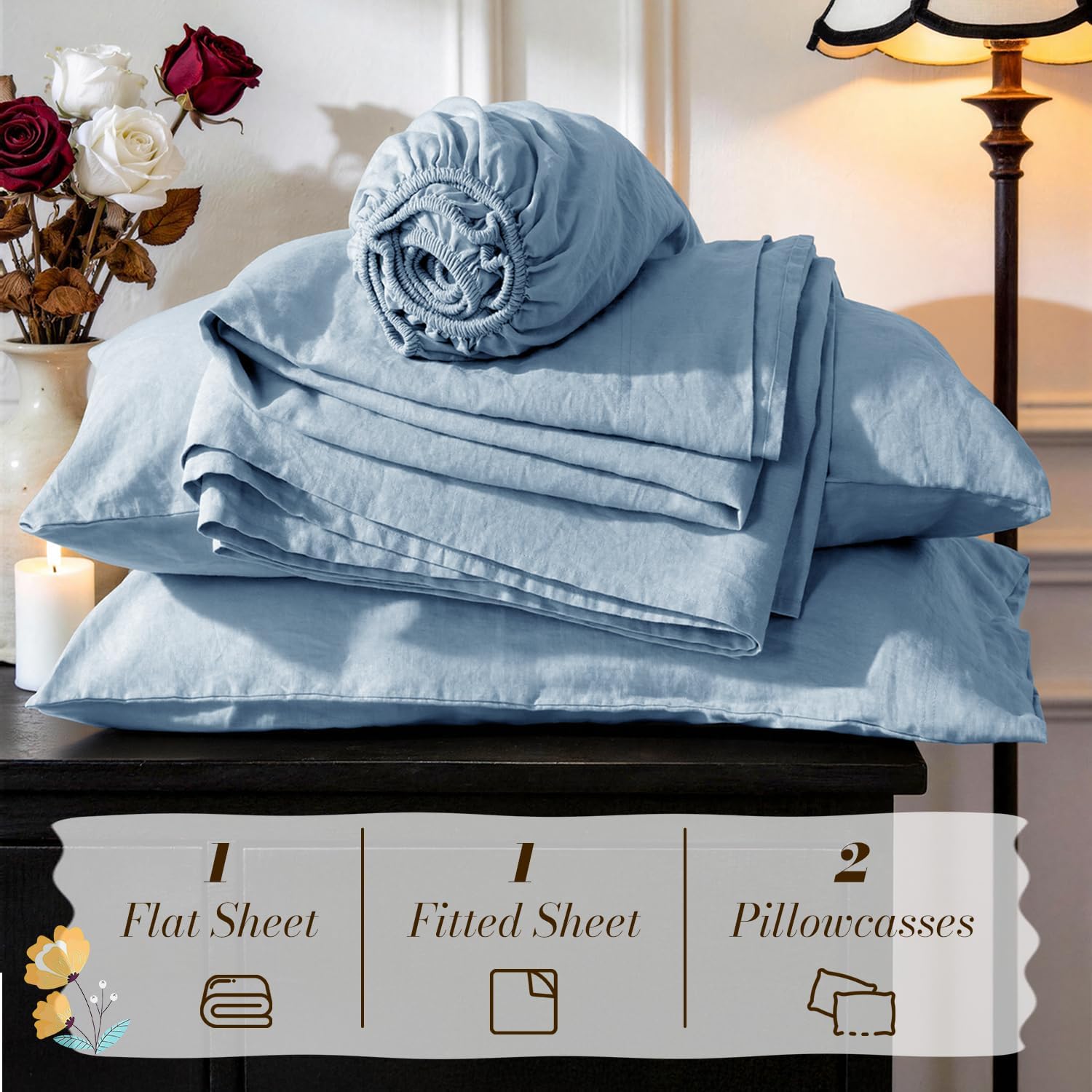 SONORO KATE 100% French Pure Linen Sheets, Breathable and Durable Queen Size Sheets, 16 Inch Deep Pocket - 4 Piece (Dusty Blue)