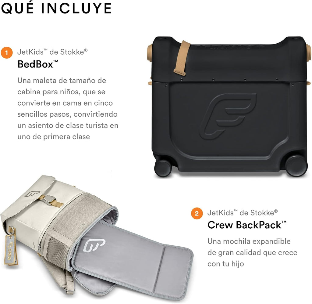 JetKids Stokke Travel Bundle, White - Includes BedBox Ride-On Suitcase & Backpack - Best for Kids 2-7 Years Old (Up to 77 lbs)
