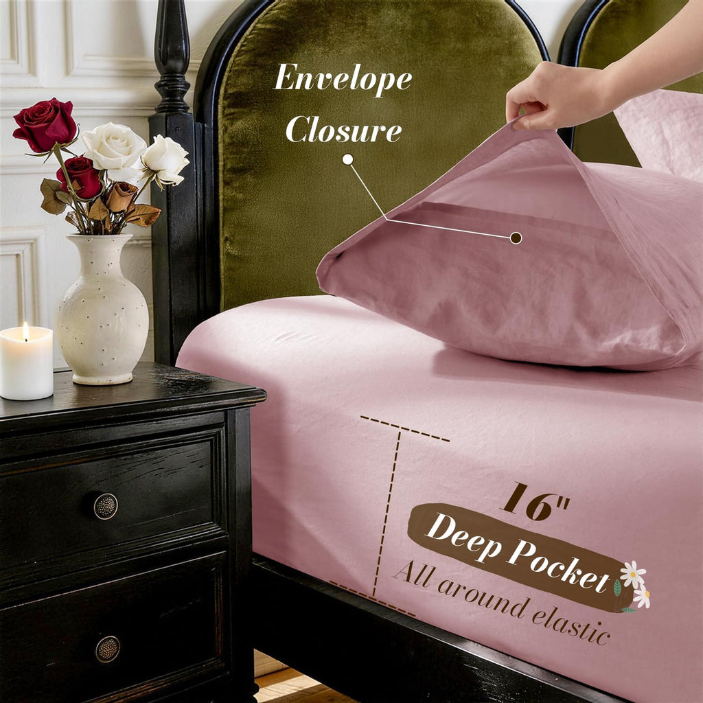 SONORO KATE 100% French Pure Linen Sheets, Breathable and Durable Linen Queen Size Sheets, Anti-Tear Linen Bed Sheets, Machine Washable, 16 Inch Deep Pocket - 4 Piece (Embroidery Purple, Queen)