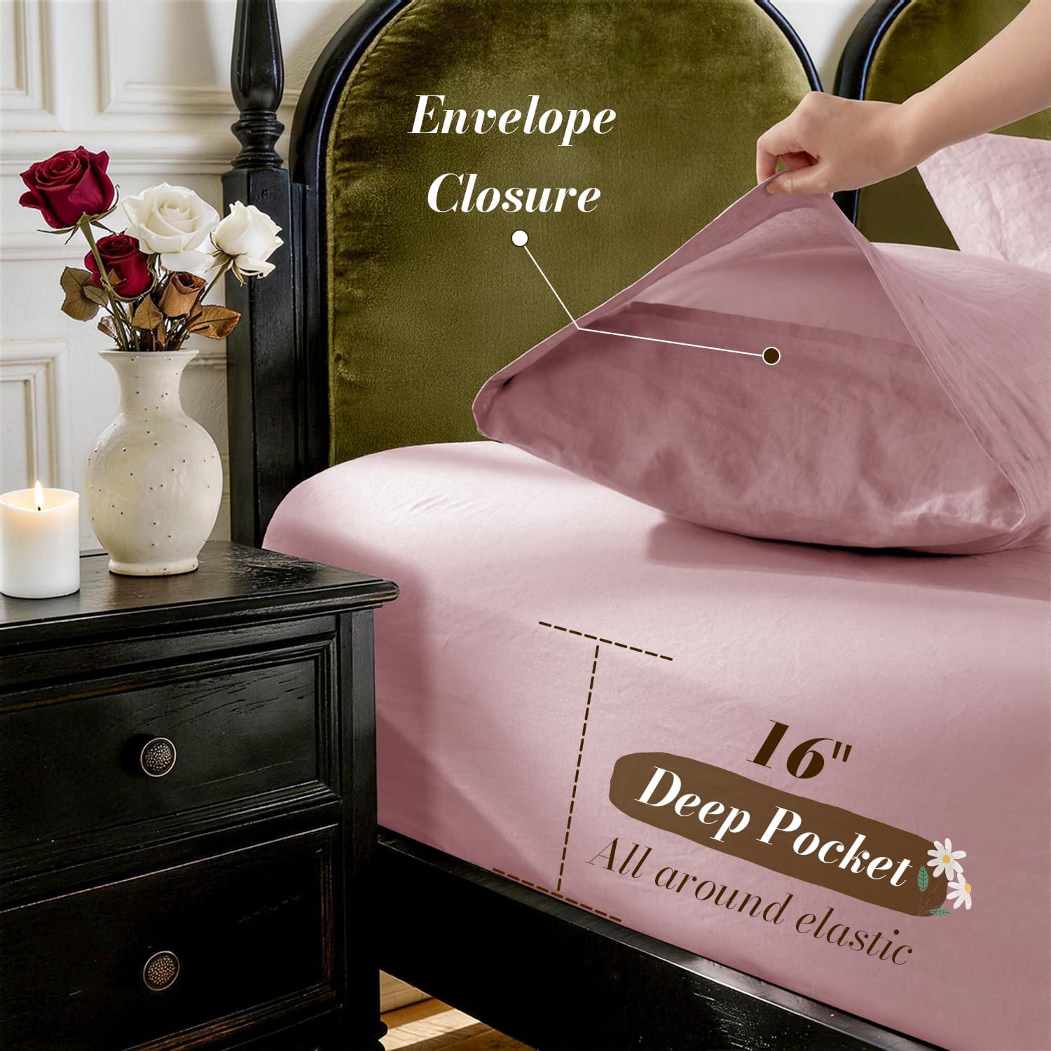 SONORO KATE 100% French Pure Linen Sheets, Breathable and Durable Linen Queen Size Sheets, Anti-Tear Linen Bed Sheets, Machine Washable, 16 Inch Deep Pocket - 4 Piece (Embroidery Purple, Queen)