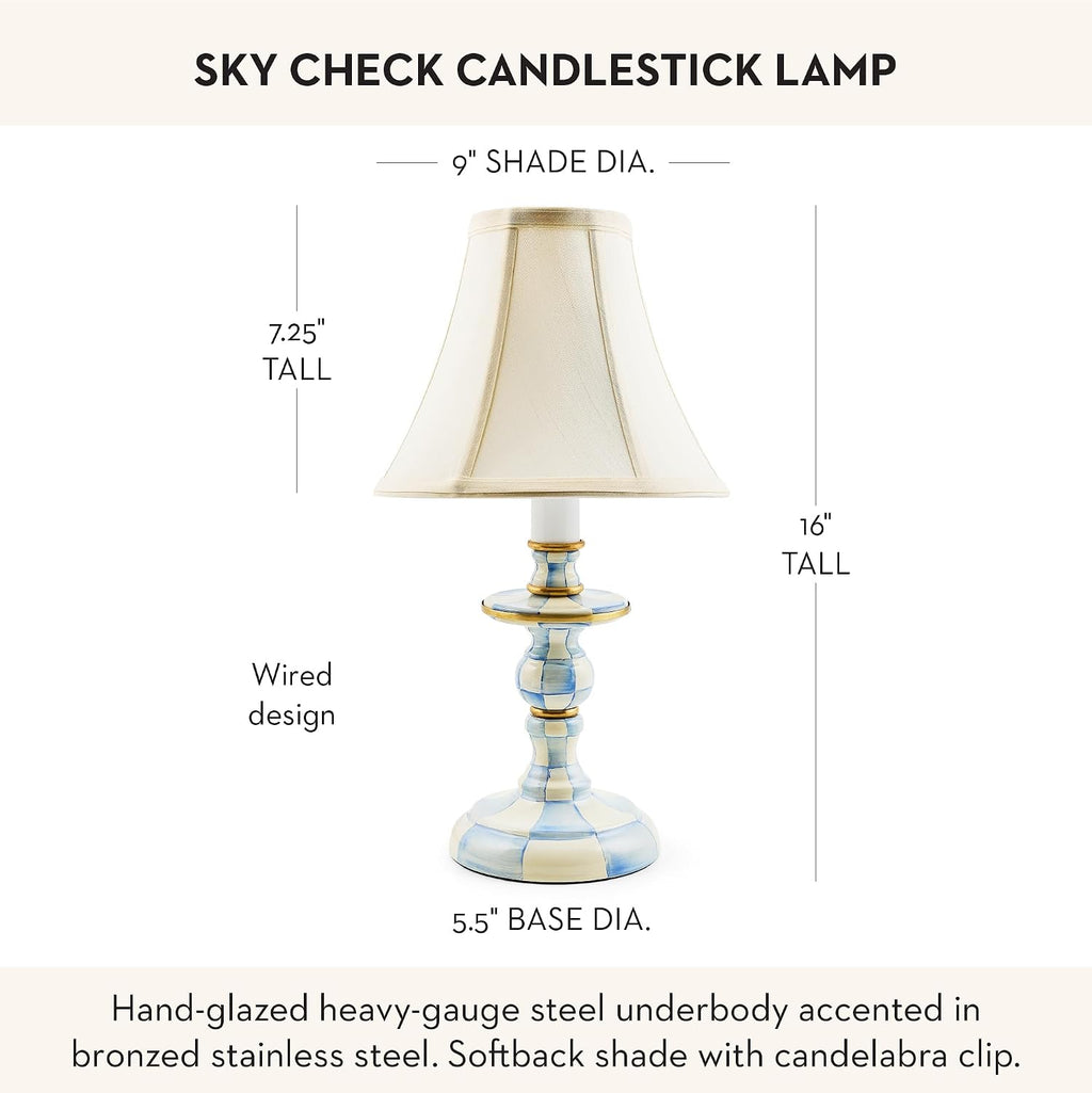 MACKENZIE-CHILDS Candlestick Lamp, Decorative Lamp for Living Room or Bedroom, Light-Blue-and-White Sky Check