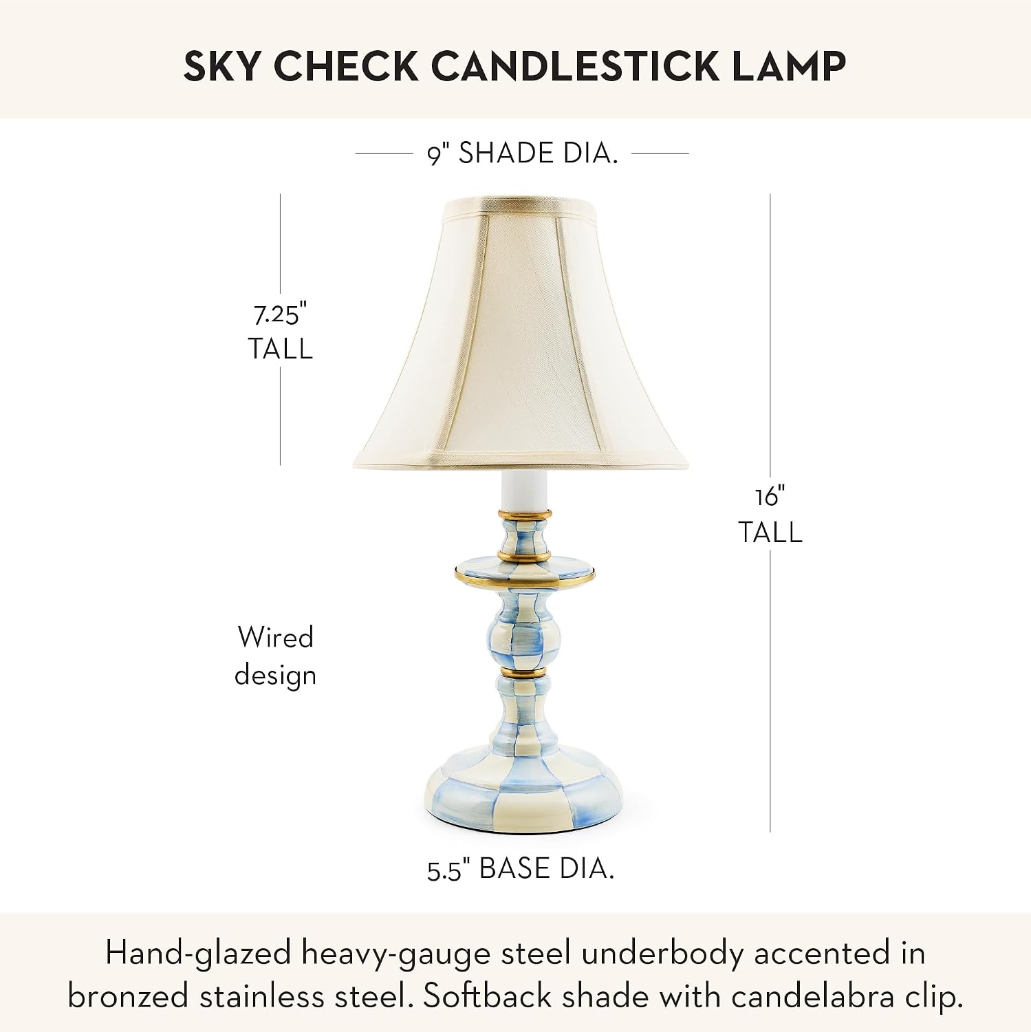 MACKENZIE-CHILDS Candlestick Lamp, Decorative Lamp for Living Room or Bedroom, Light-Blue-and-White Sky Check