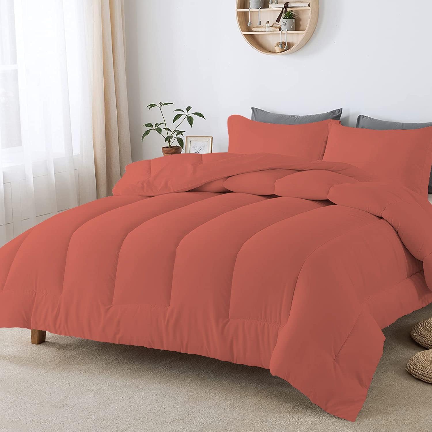 5 PC Straight Line Pattern Comforter Set Premium Super Soft 600 GSM All Season | 1000 Thread Count | 100% Egyptian Cotton ( Full/Queen Size, Brick Red Color)