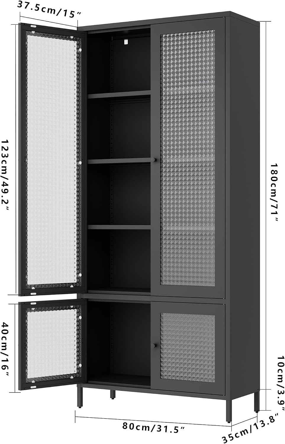 Large Metal Storage Cabinet Display Cabinet with 4 Glass Doors 5 Shelves Side Cabinet Bookcase Freestanding Cabinet for Bedroom Living Room Pantry Home Office - Black, Waffle-Grids Tempered Glass