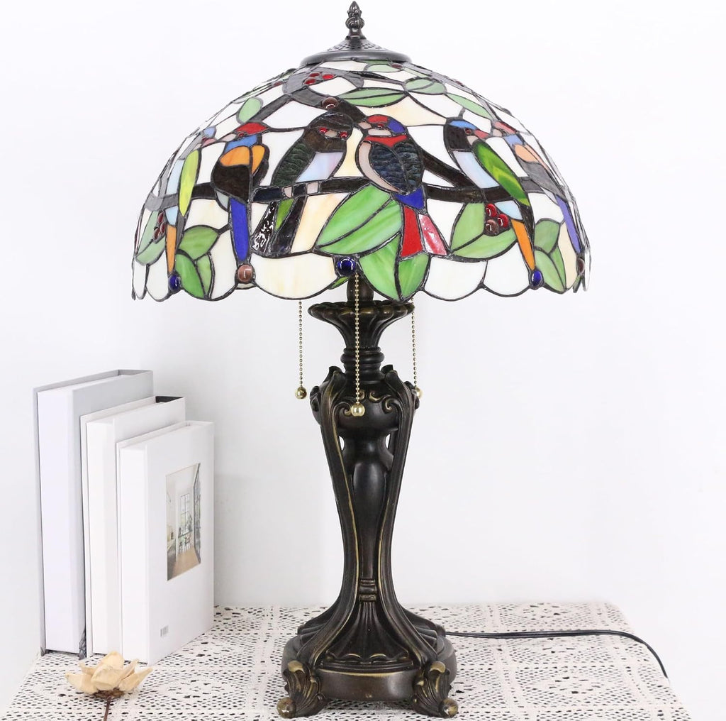 Large Tiffany Lamp Shade Replacement Only 16Inch Stained Glass Lampshade Fit For Table Lamps FLoor Lamp Ceiling Fixture Pendant Hanging Light Home Office Decoration (Double Birds Amber)
