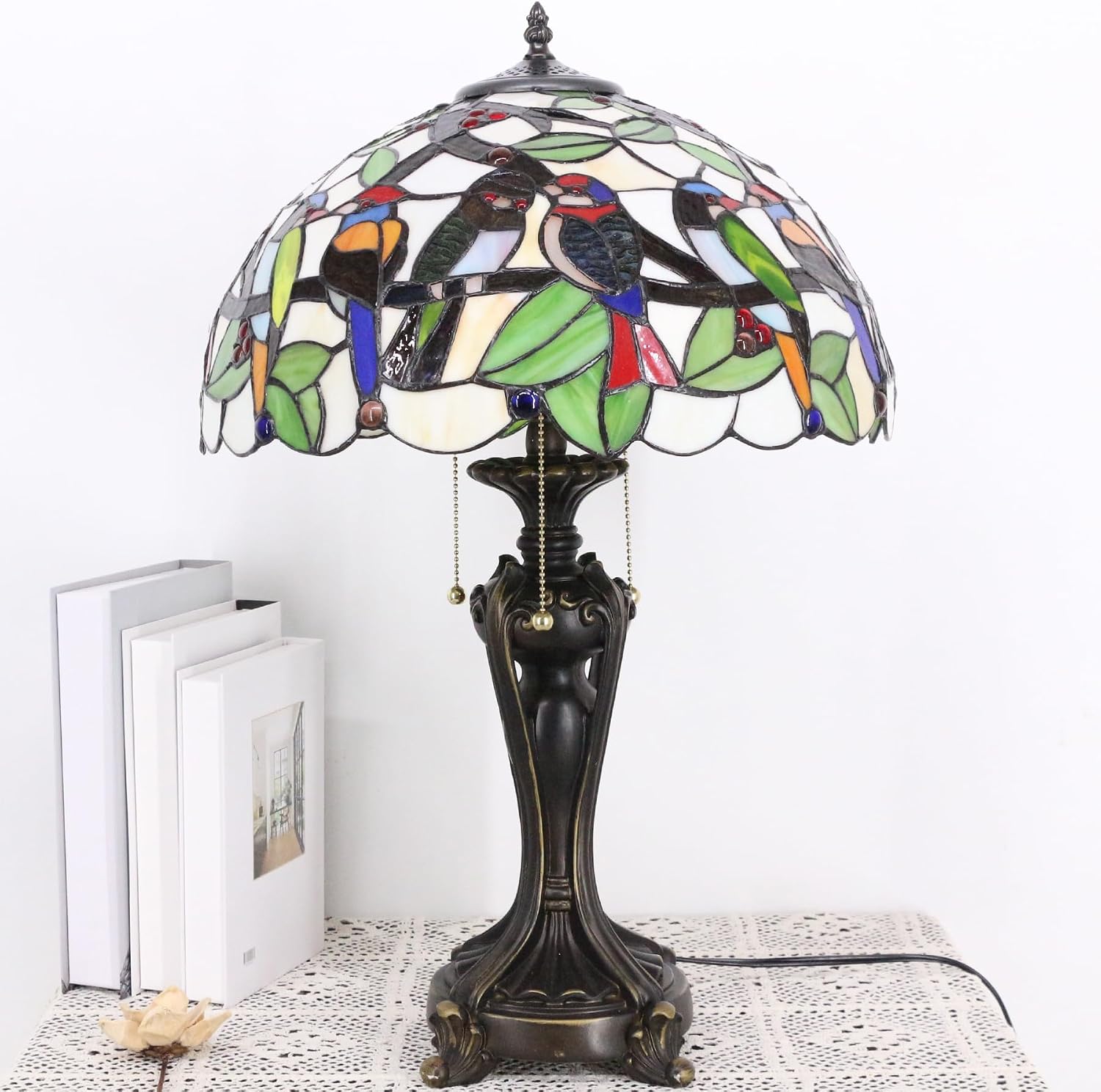 Large Tiffany Lamp Shade Replacement Only 16Inch Stained Glass Lampshade Fit For Table Lamps FLoor Lamp Ceiling Fixture Pendant Hanging Light Home Office Decoration (Double Birds Amber)
