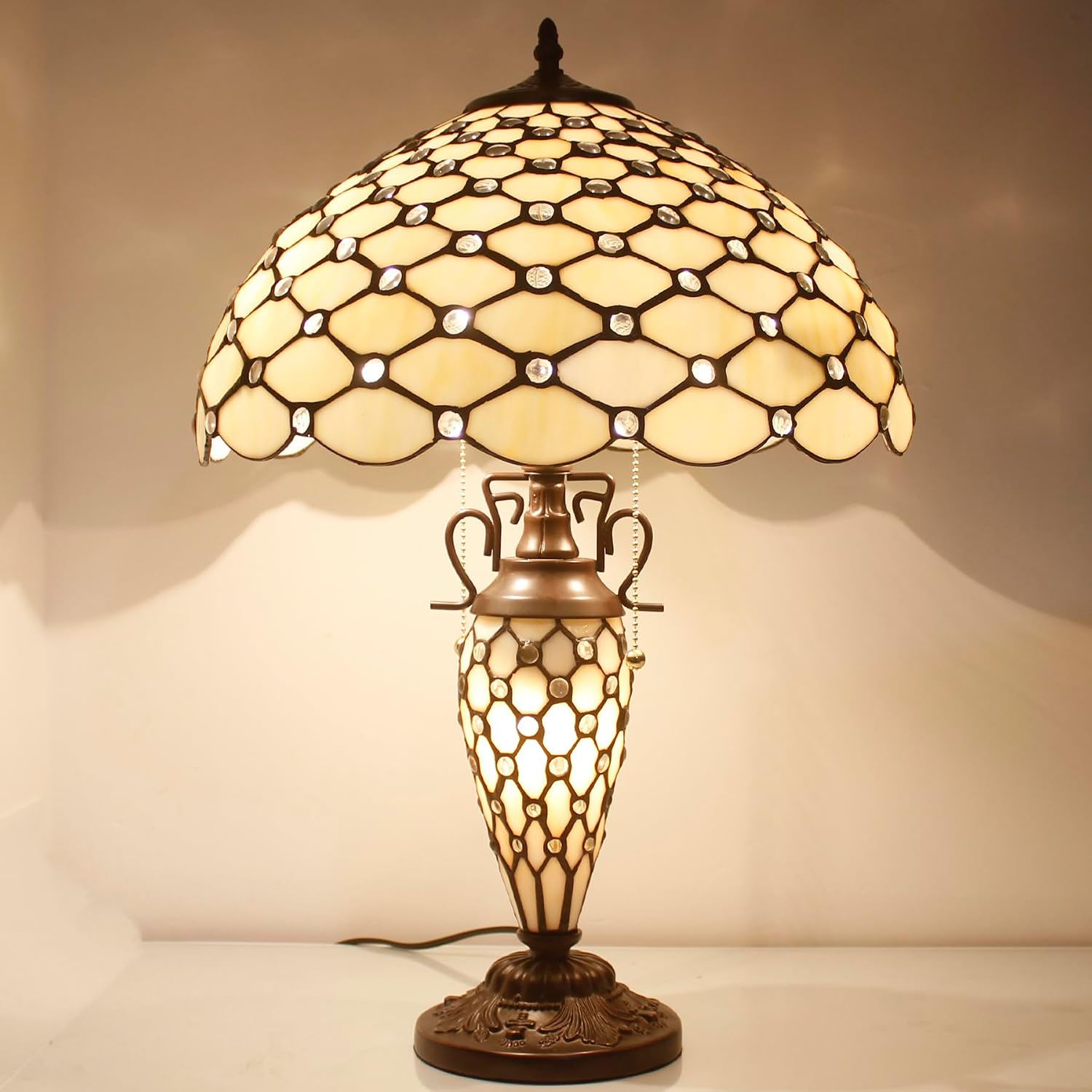 Tiffany Lamp Shade Replacement W16H7 Inch Stained Glass Crystal Pear Bead Lampshade Fit For Table Lamps FLoor Lamp Ceiling Fixture (3 Hooks)Pendant Hanging Light S005 WERFACTORY Home Office Decoration