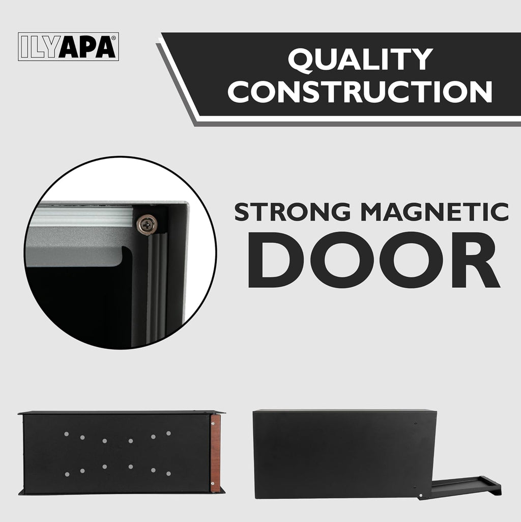 Ilyapa Modern Mailbox for Post Mount - Black Powder Coated Metal Mailbox with Printed Redwood Grain Trim - Waterproof for Parcels, Magnetic Close Door