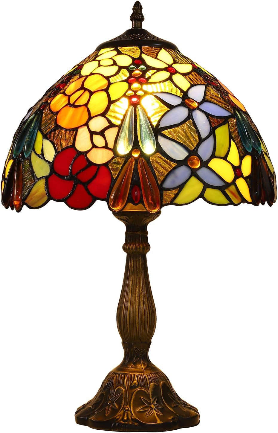 Tiffany Tall Table Lamps Bedside Nightstand Rose Flower Beads Stained Glass Table Lamp for Bedroom,Living Room,Dining Room Restaurant Hotel Desk Reading Light+LED Bulb,12X12X18 INCH