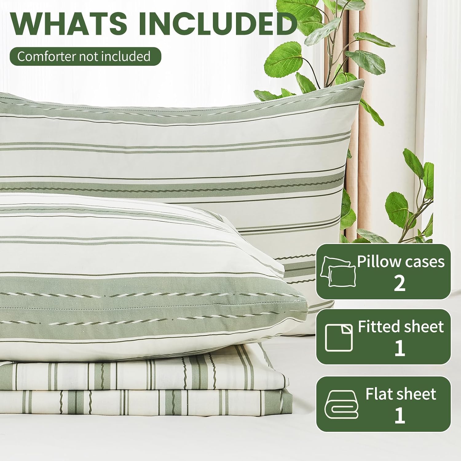100% Linen Sheets Queen Size,Breathable & Durable 4-Piece Bed Flax Stripes Sheet Set,Soft All-Season Bedding for Hot Sleepers 16' Deep Pocket Oeko-TEX Certified,（Queen, Green Stripes）