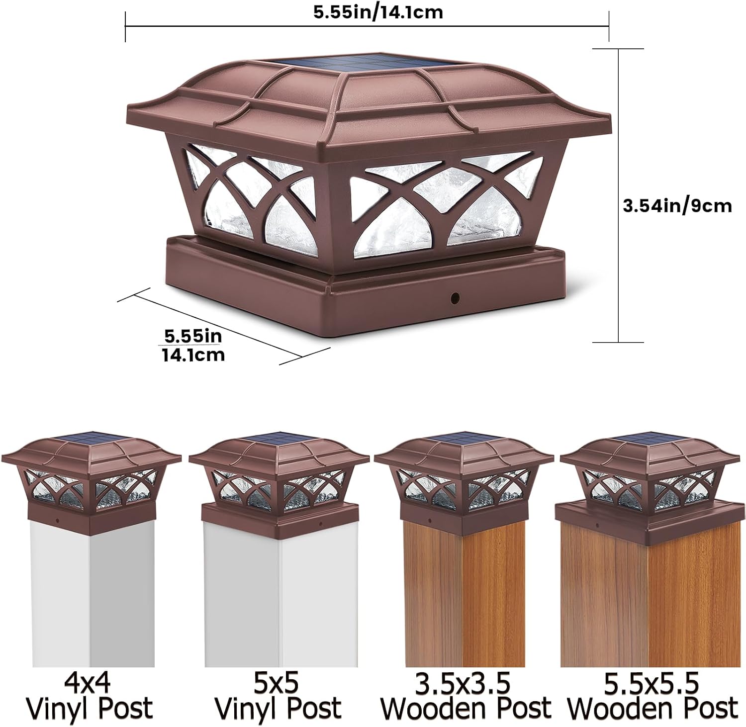 SIEDiNLAR Solar Post Cap Lights Outdoor Glass 2 Color Modes 8 LEDs for 4x4 5x5 6x6 Wooden Vinyl Posts Deck Fence Patio Decoration Warm White & Cool White Lighting Brown (10 Pack)