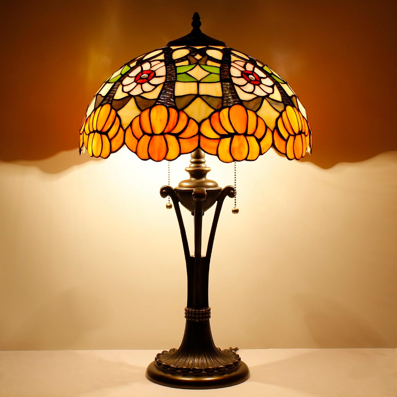 Tiffany Table Lamp 24 Inch Orange Flower Stained Glass Desk Lamp Reading Light for Bedroom Living Room Bedside Nightstand