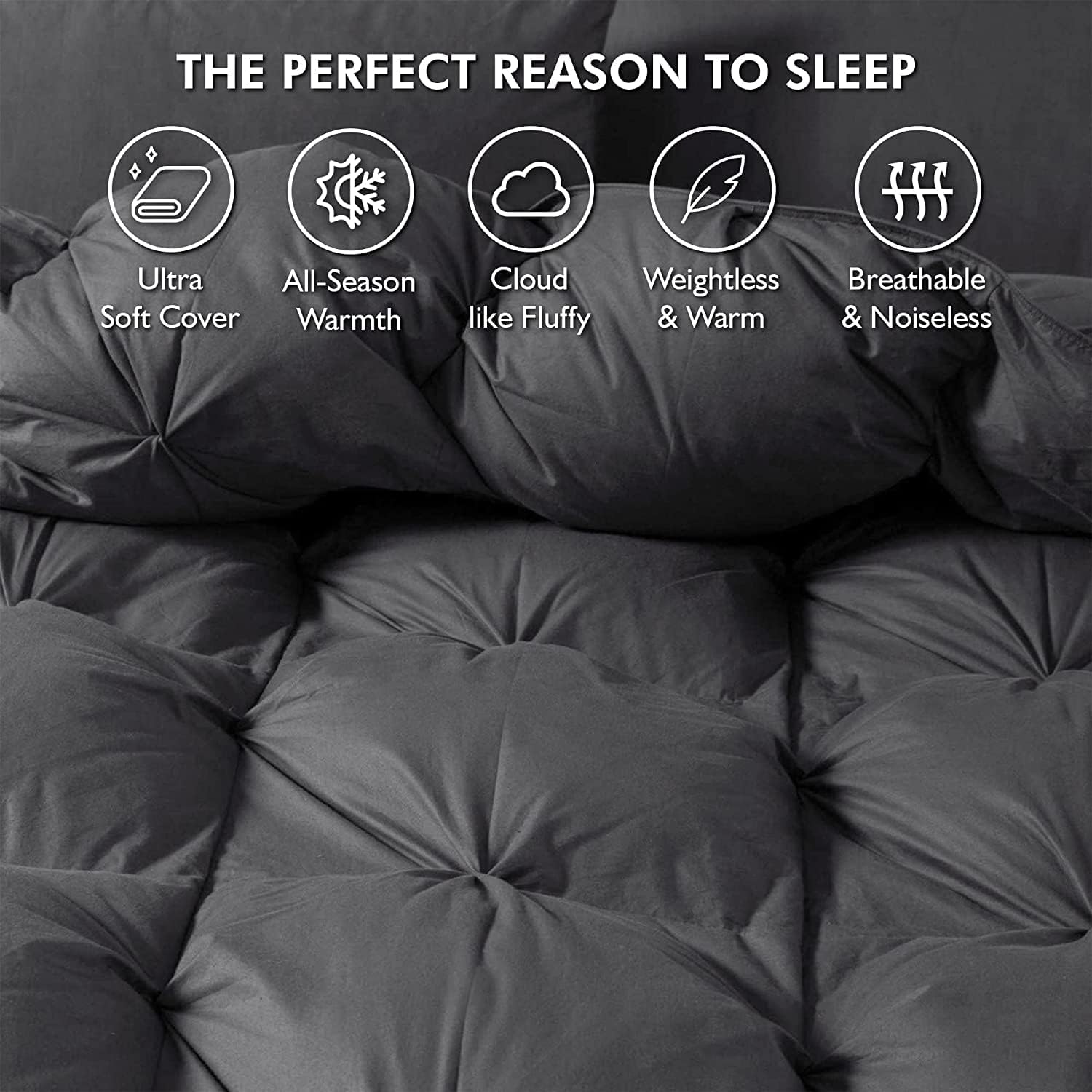 Luxurious Full/Queen Goose Down Comforter, Unique Gray Pinch Pleat, 600 Thread Count, 100% Egyptian Cotton Cover, 70 Oz Fill Weight, 750 Fill Power