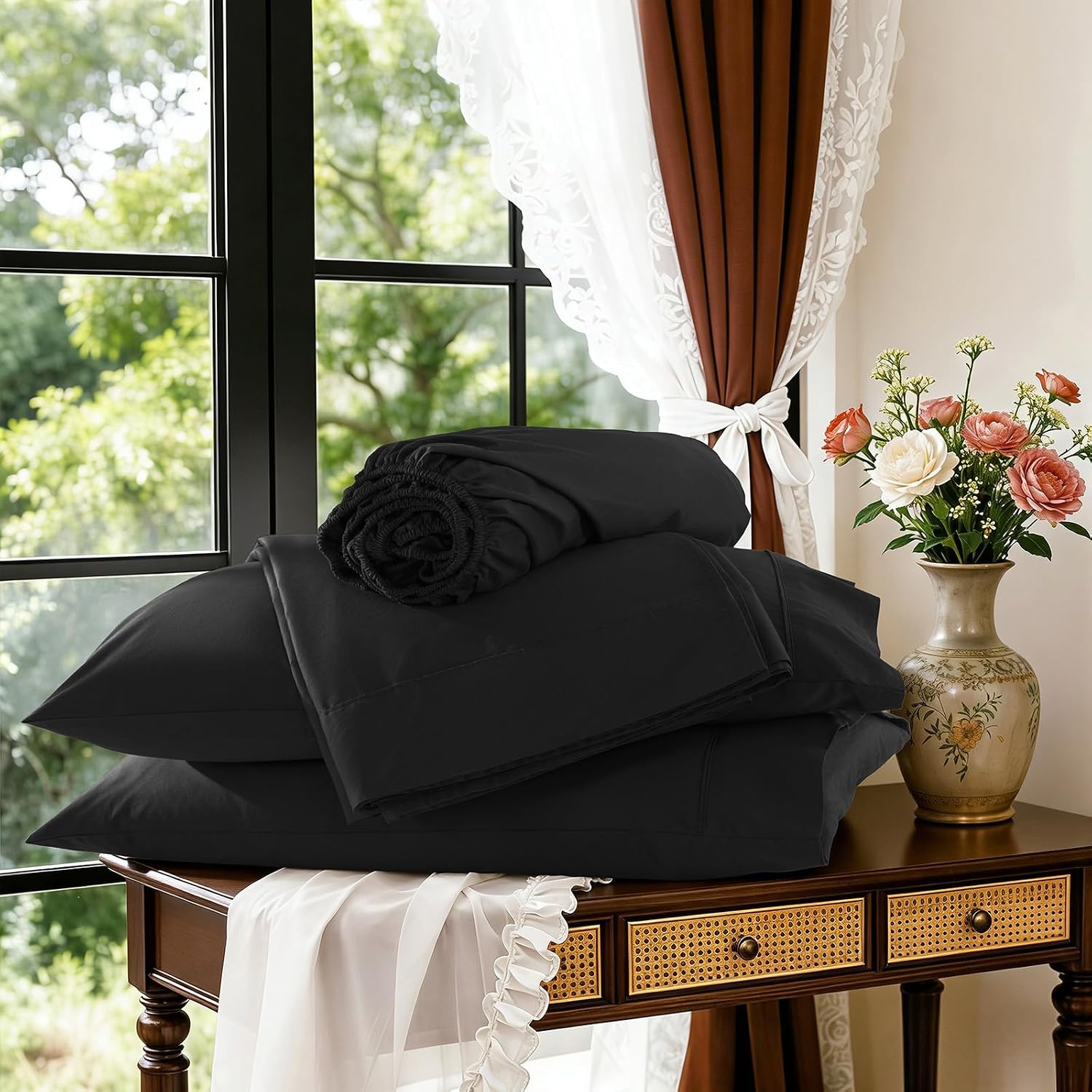 1200 Thread 100% Egyptian Cotton Sheet Sets Full Size 4 Pcs Bedding Set, Fitted Sheet Deep Pocket Up to 16' Soft Bed Sheet for All Season (Full, Black)